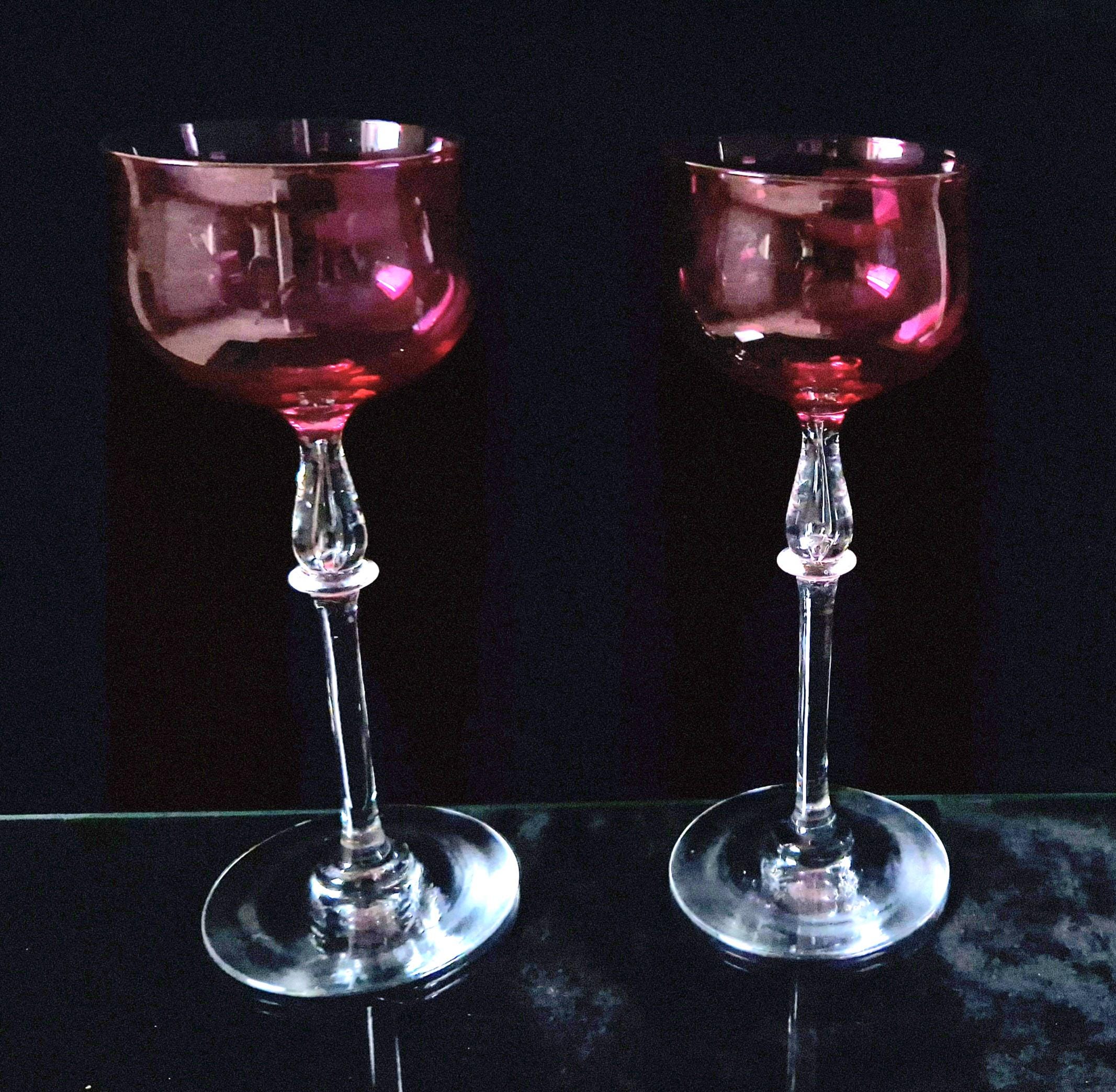 Art Nouveau Cranberry Wine Glasses: French 'Nancy' Airtear Stem, c.1910 (Set of 2)