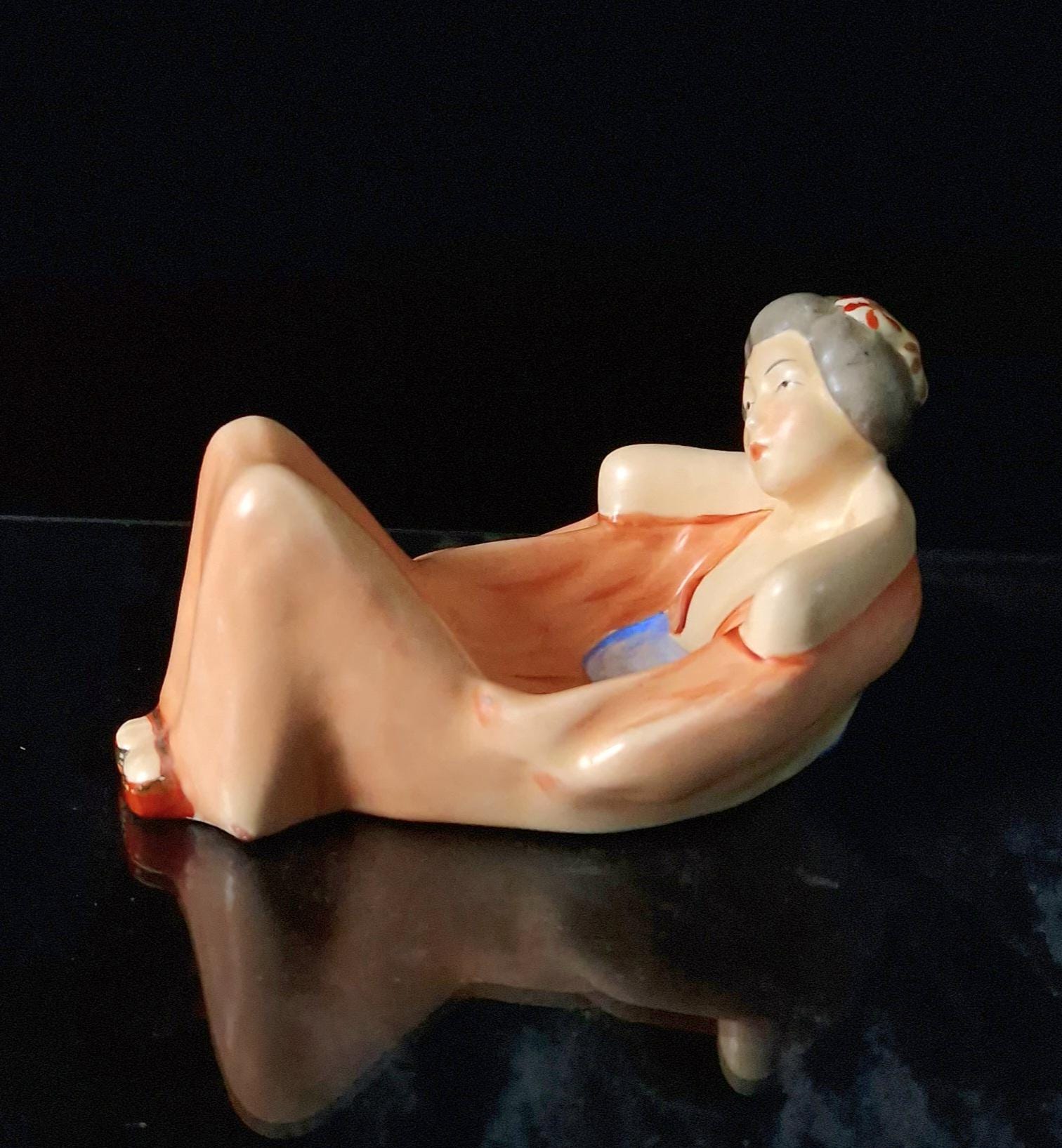 Vintage Czechoslovakian Hand Painted Ceramic Lying Geisha Figural Dish