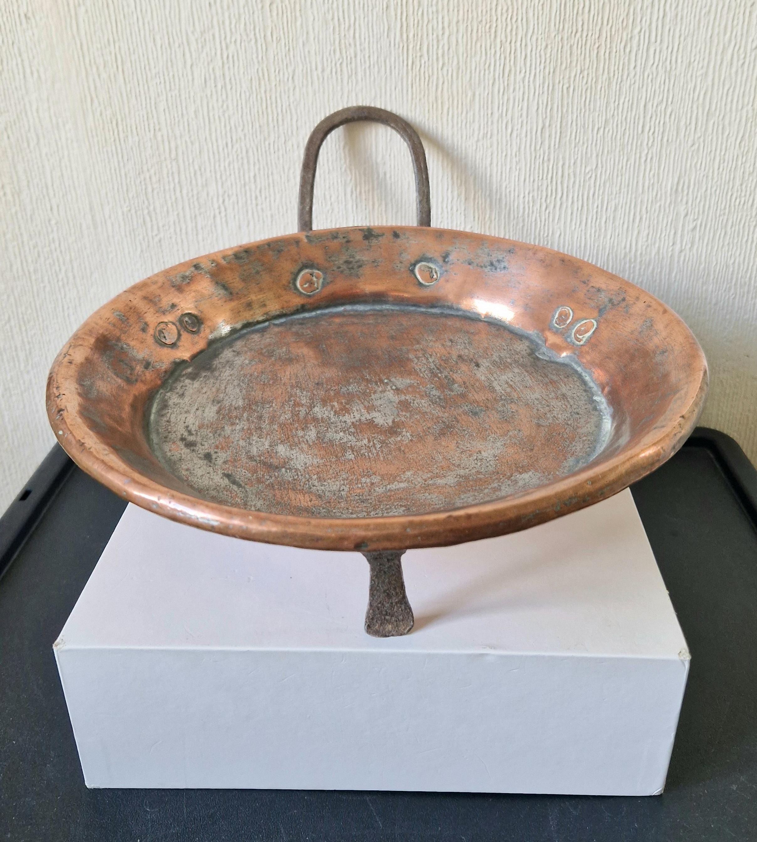 18th - 19th Century Copper & Iron Handle French Tripod Footed Tart Pan Rare Antique Kitchenalia