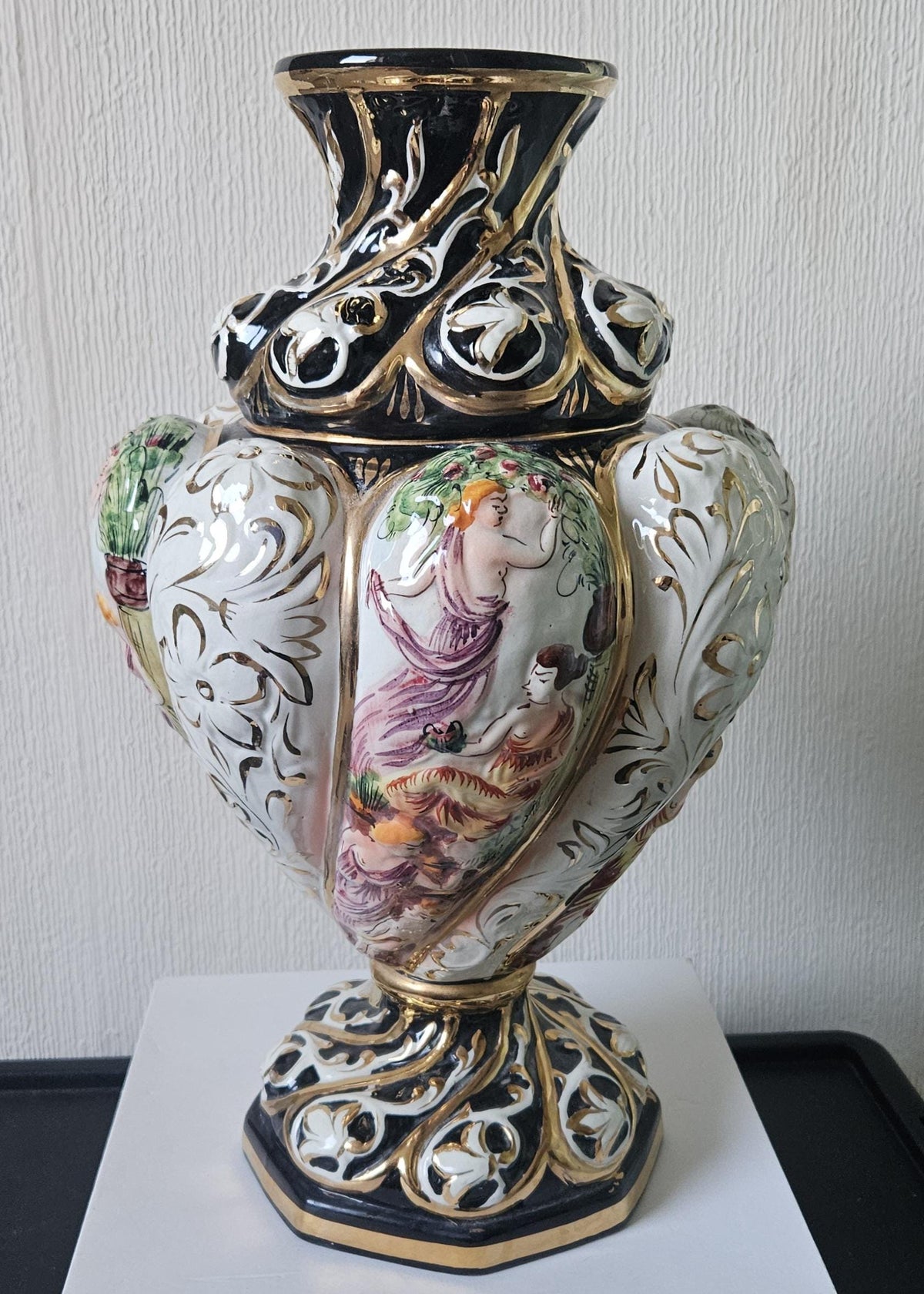 Vintage Italian Majolica Vase: Large Handpainted Figural Ceramic, 40cm Tall