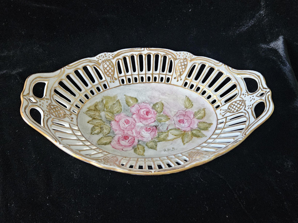 German Porcelain Lattice Dish Handpainted Roses Trinket Dish Vintage
