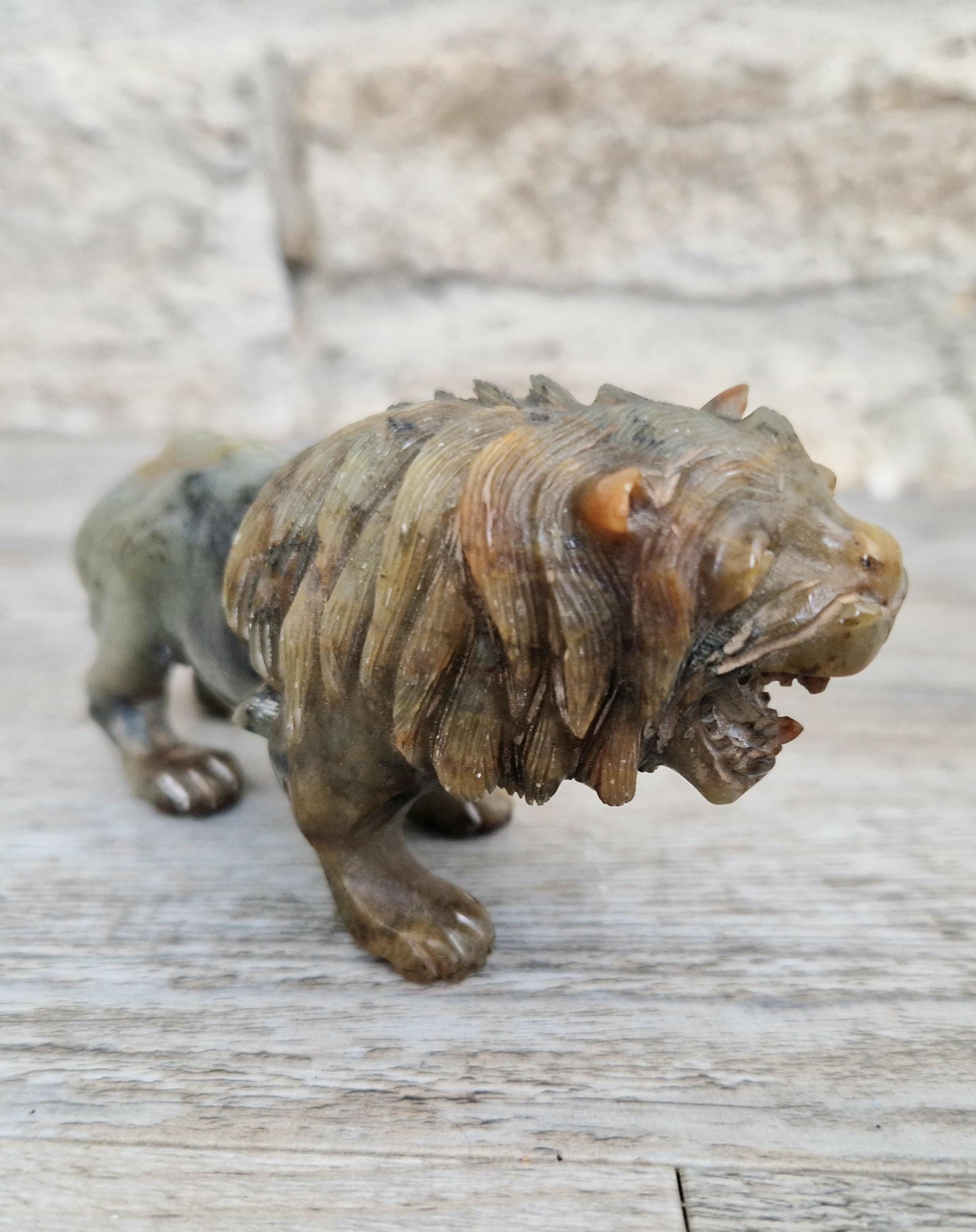 Vintage Fine Carved Jade Roaring Lion Sculpture Early 20th Century Ornament