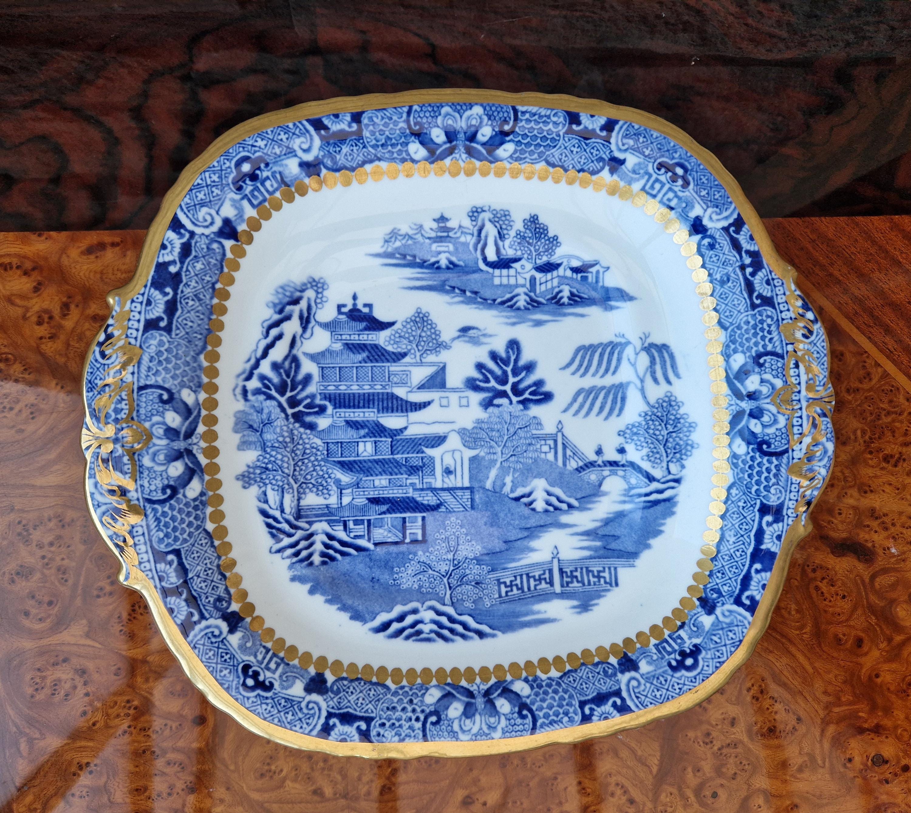 Davenport Longport England Blue & White Gilt Two Temples Porcelain Handle Platter c.1870-1886