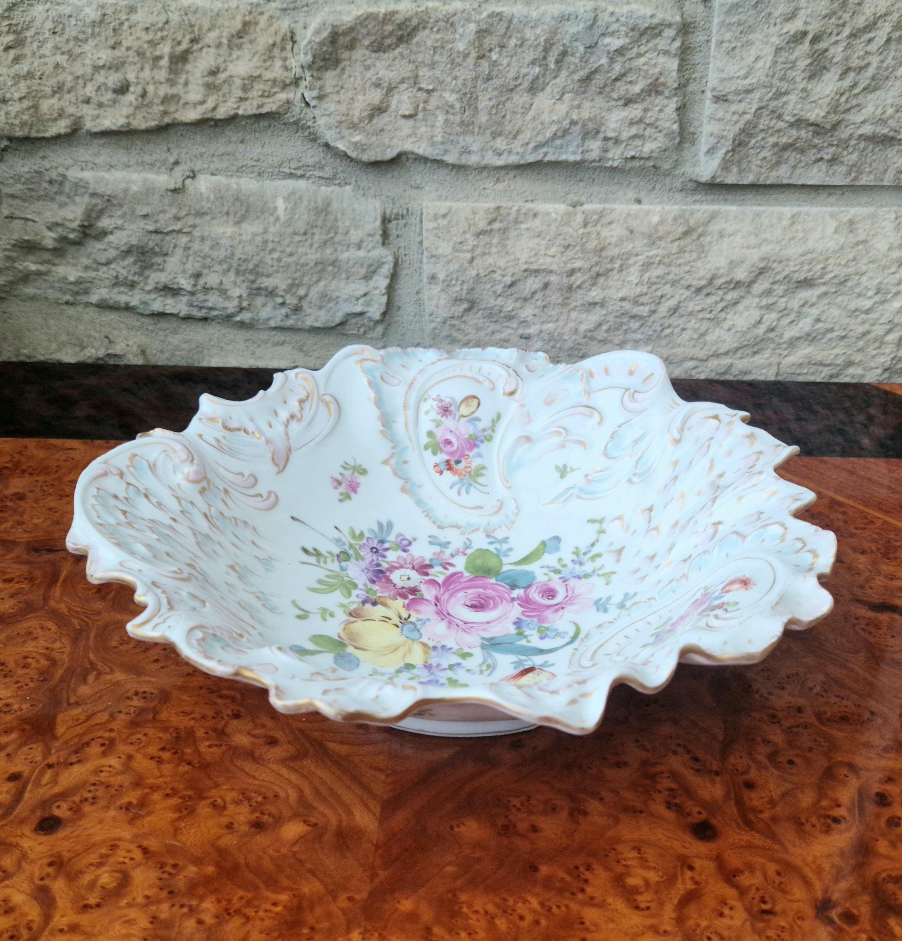 Antique Large 19th C. Dresden Ruffled Edge Rococo Style Floral Gilded Centrepiece Serving Bowl