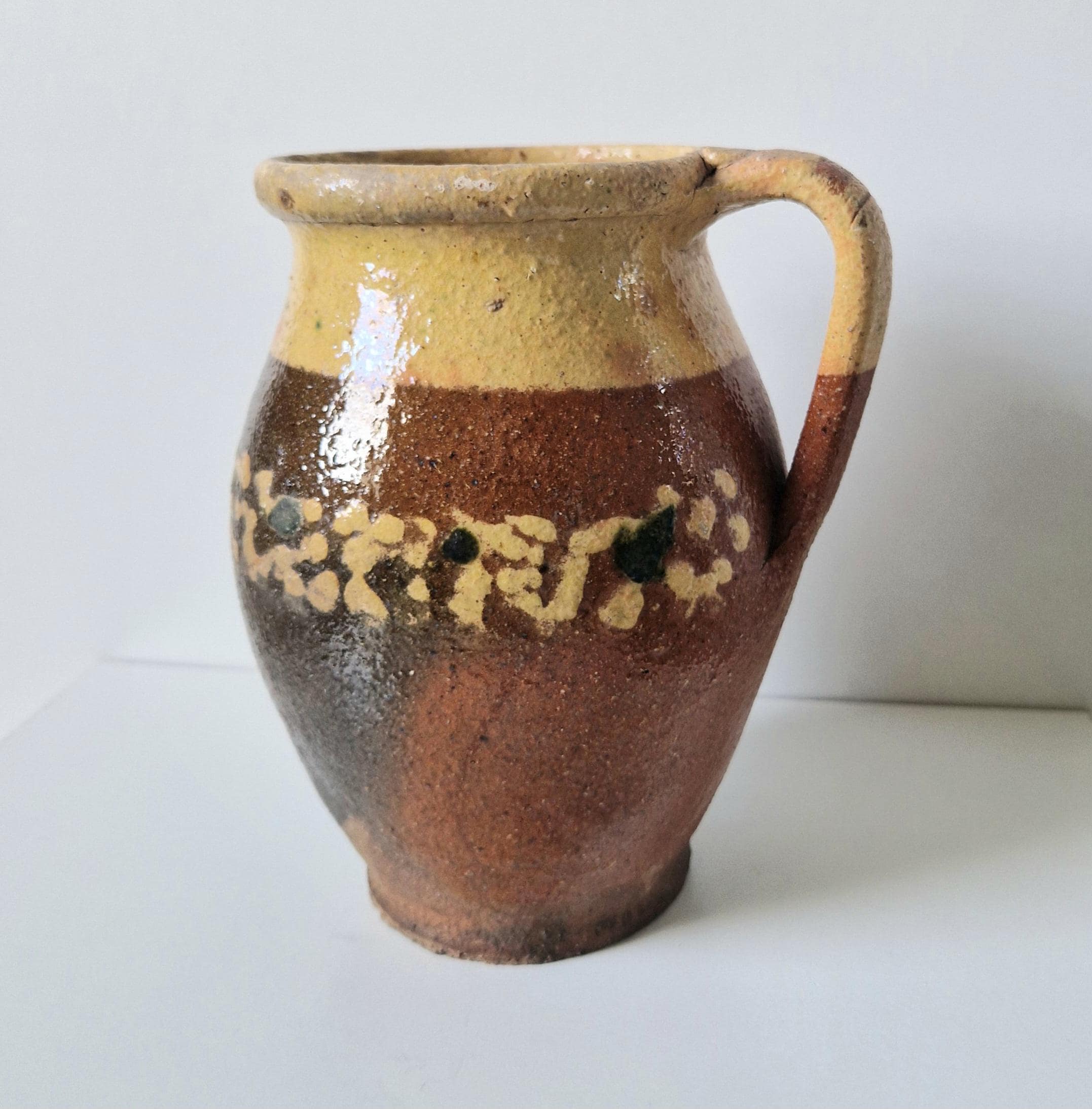 Antique Rustic Hungarian Decorated Glazed Earthenware Milk Pitcher Jug