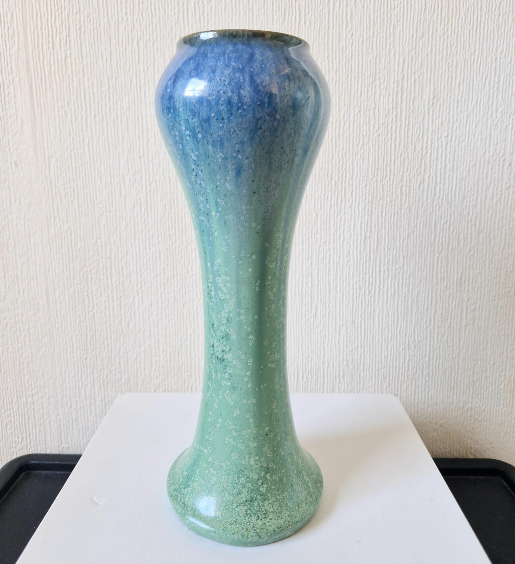 Antique Art Nouveau Tall Inverted Baluster Blue Green Glaze Ceramic Vase 27cm