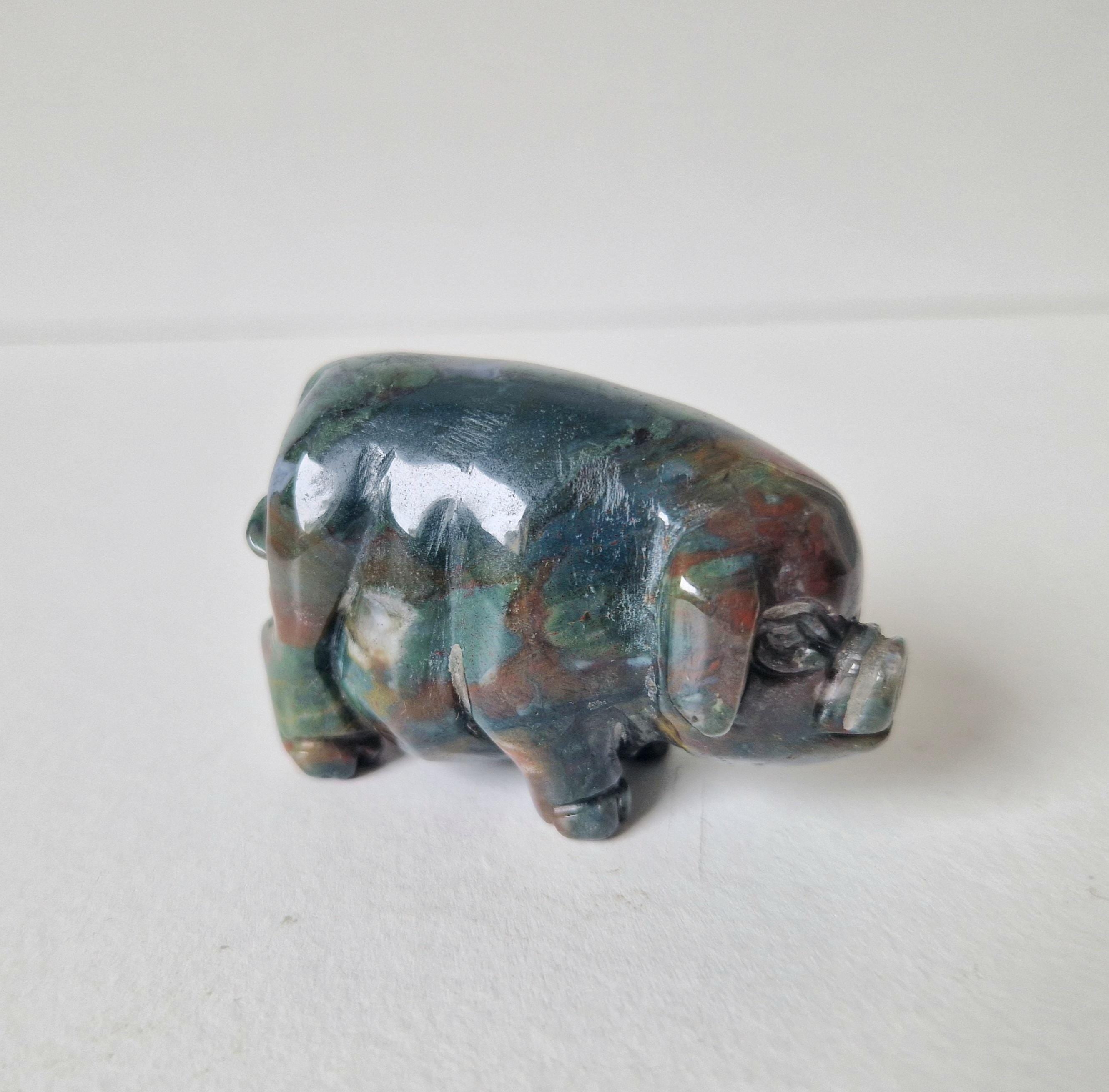 Vintage Fine Carved Moss Agate Standing Pig Figure Ornament 6.3cm