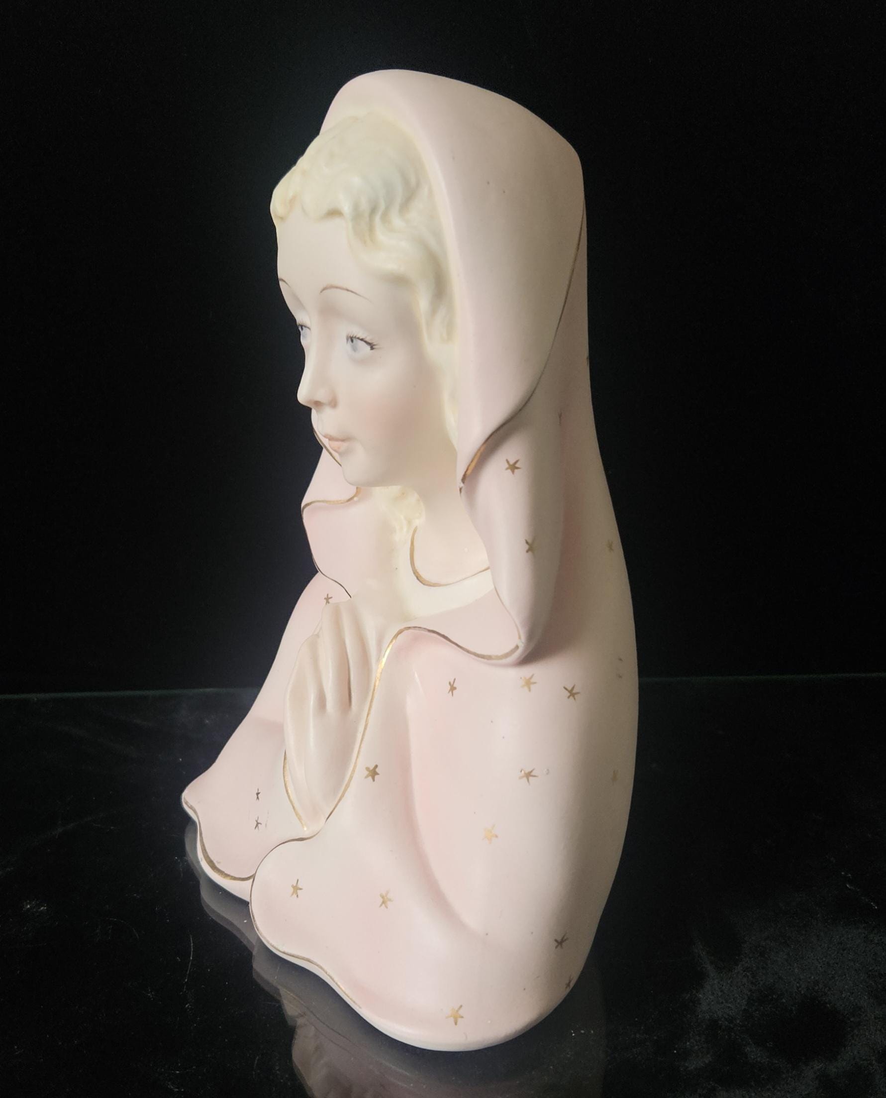 Vintage Virgin Mary Praying Madonna Figure Italian Porcelain Ornament Pink & Gold (17cm) Religous Gift