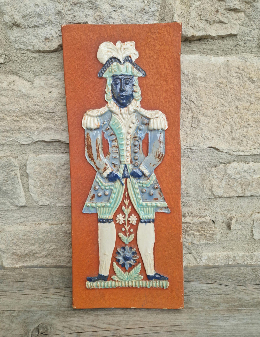 Mid-Century Art Wall Tile  Continental Figural Glazed Ceramic Large Plaque Vintage