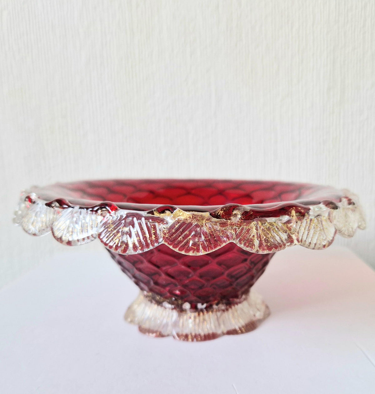 1960's Ruby Red & Gold Flecks Salviati Venetian Art Glass Pedestal Bowl