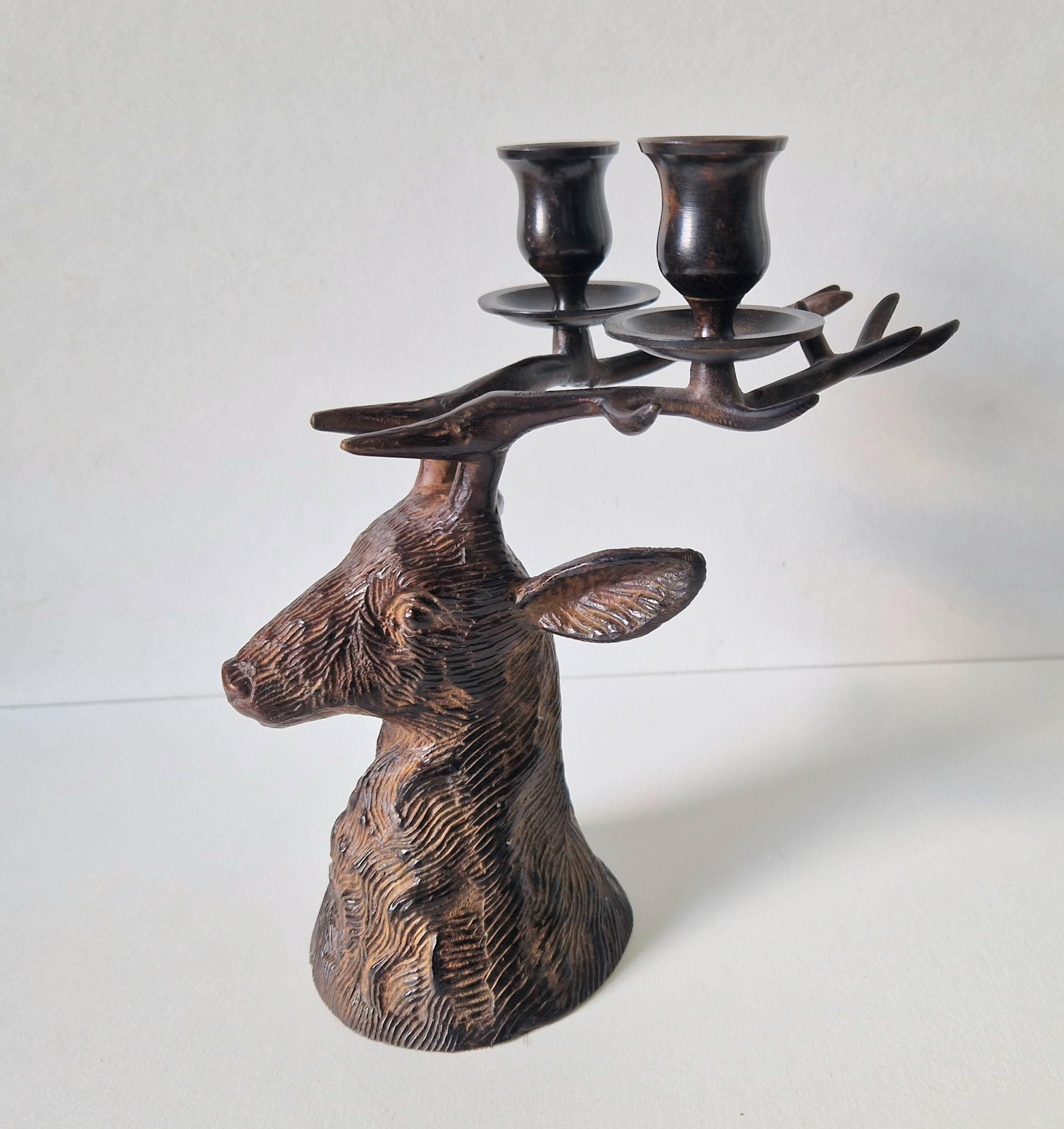 Vintage Patinated Bronze Stag Head Double Candle Holder
