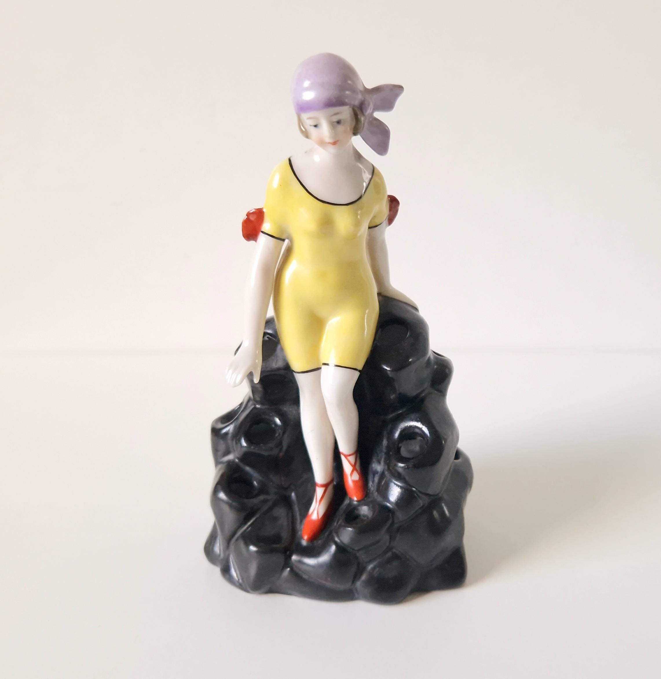 Art Deco Flapper Girl Ceramic Ornament: 1920s Bathing Beauty Hat Pin Holder