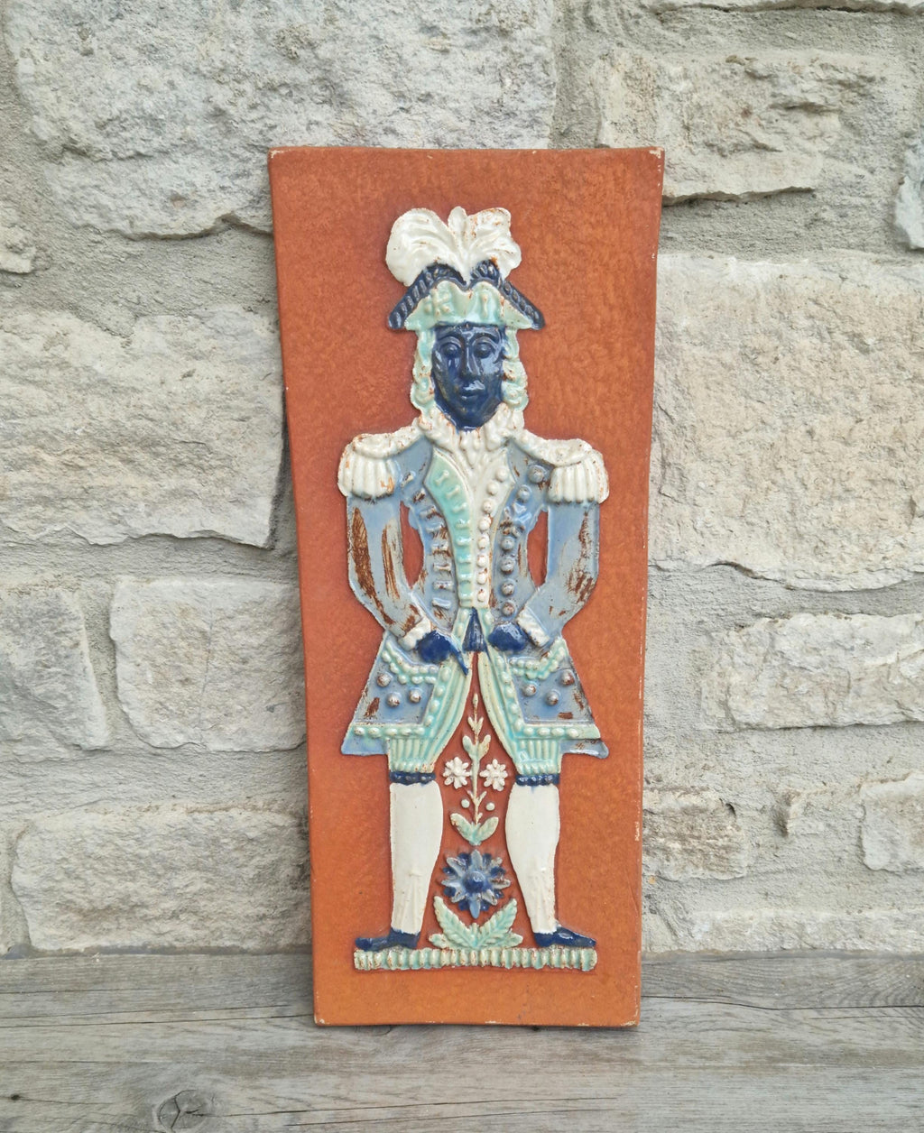 Mid-Century Art Wall Tile  Continental Figural Glazed Ceramic Large Plaque Vintage