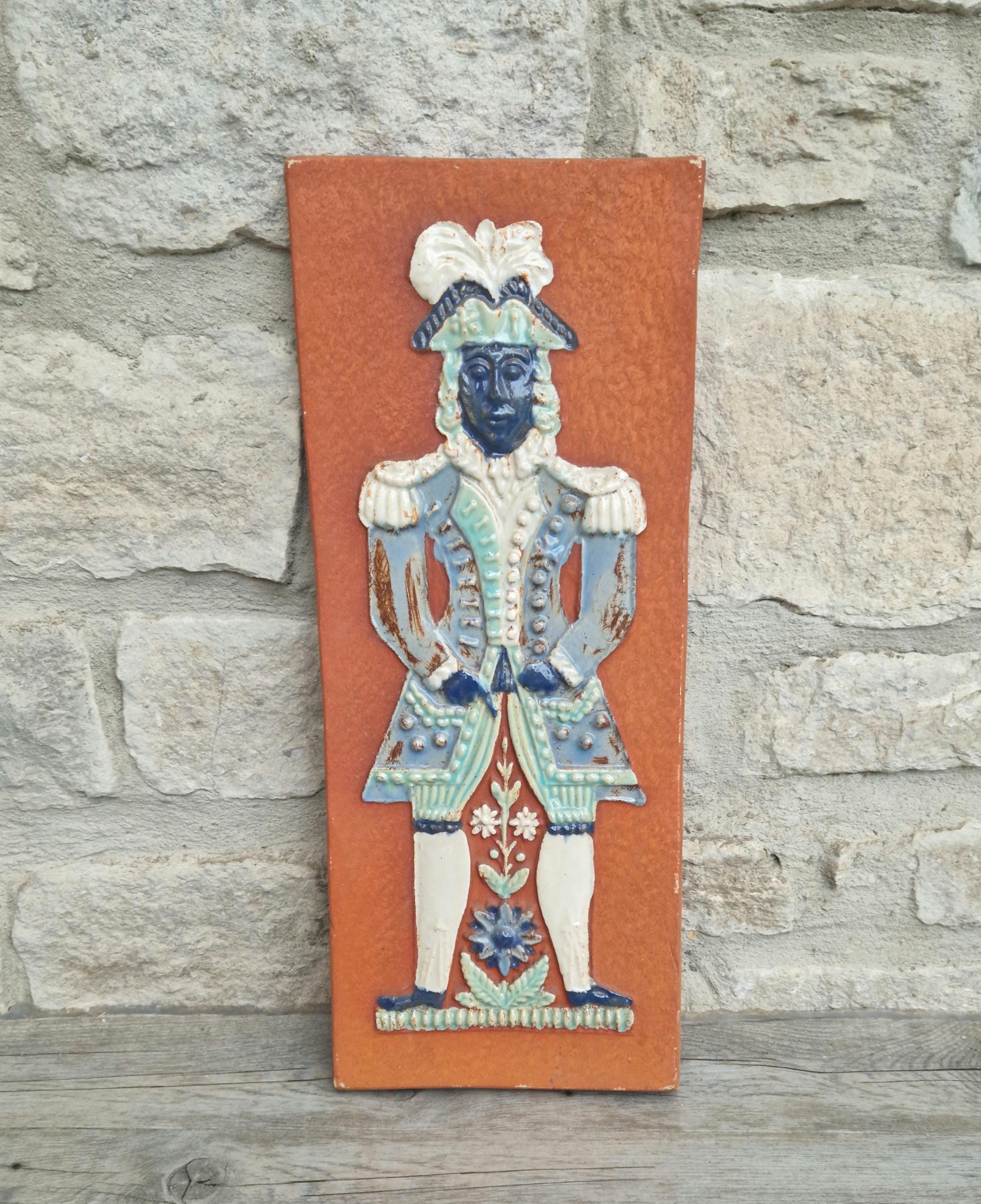 Vintage Large Mid-Century Continental Figural Glazed Ceramic Art Tile Plaque