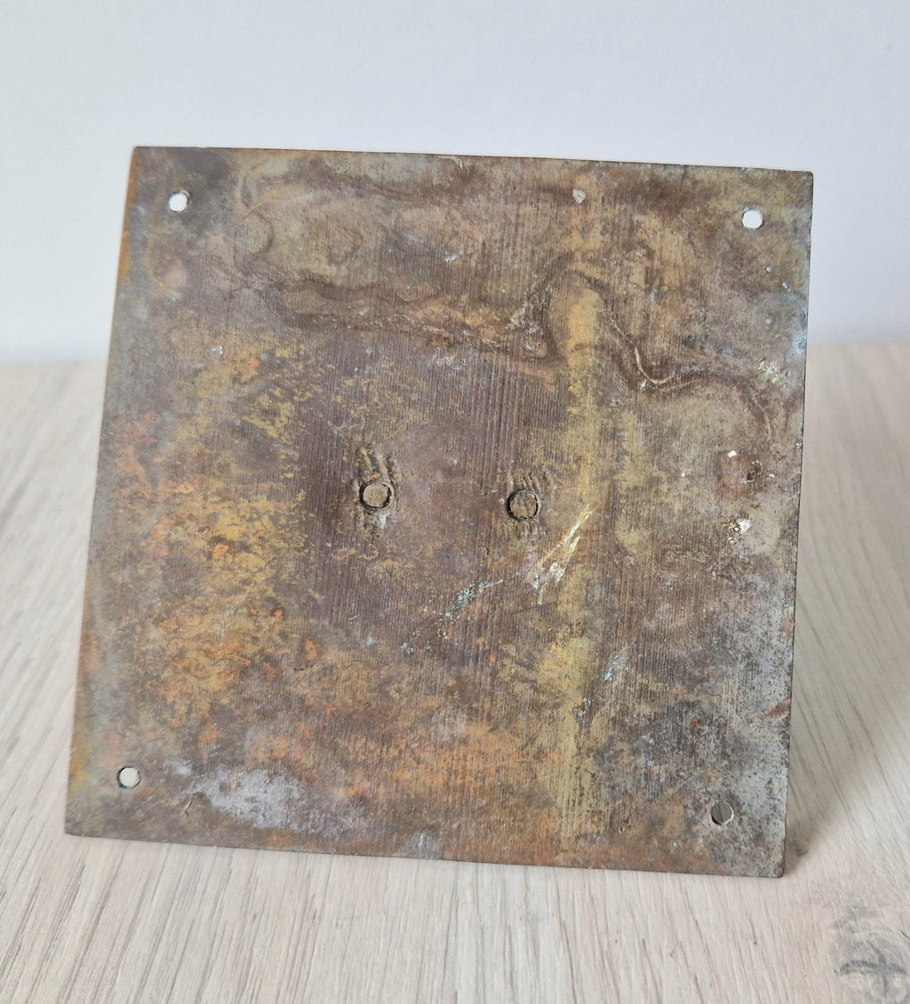 Small Antique Bronze Sundial Plate Sun Ray Engraving Verdigris Roman Numerals 12cm x 12cm