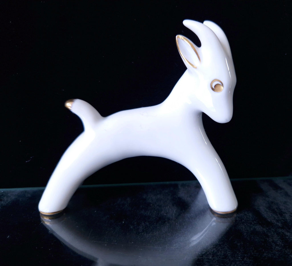 Vintage Fein Bayreuth Sophienthal Germany White & Gold Ram Figurine Abstract Pattern Rare