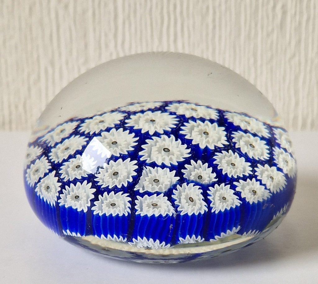 ALT Studio Murano Glass Deep Blue & White Star Flower Millifiore Paperweight