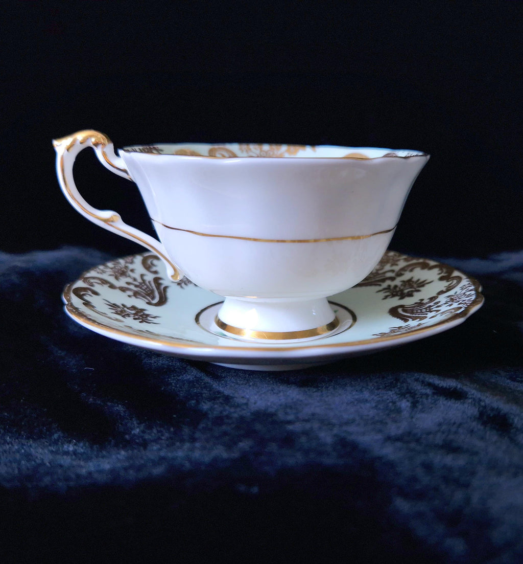 Paragon Mint Green Cabbage Rose Tea Cup & Saucer Set (4) Vintage Gold Gilt China