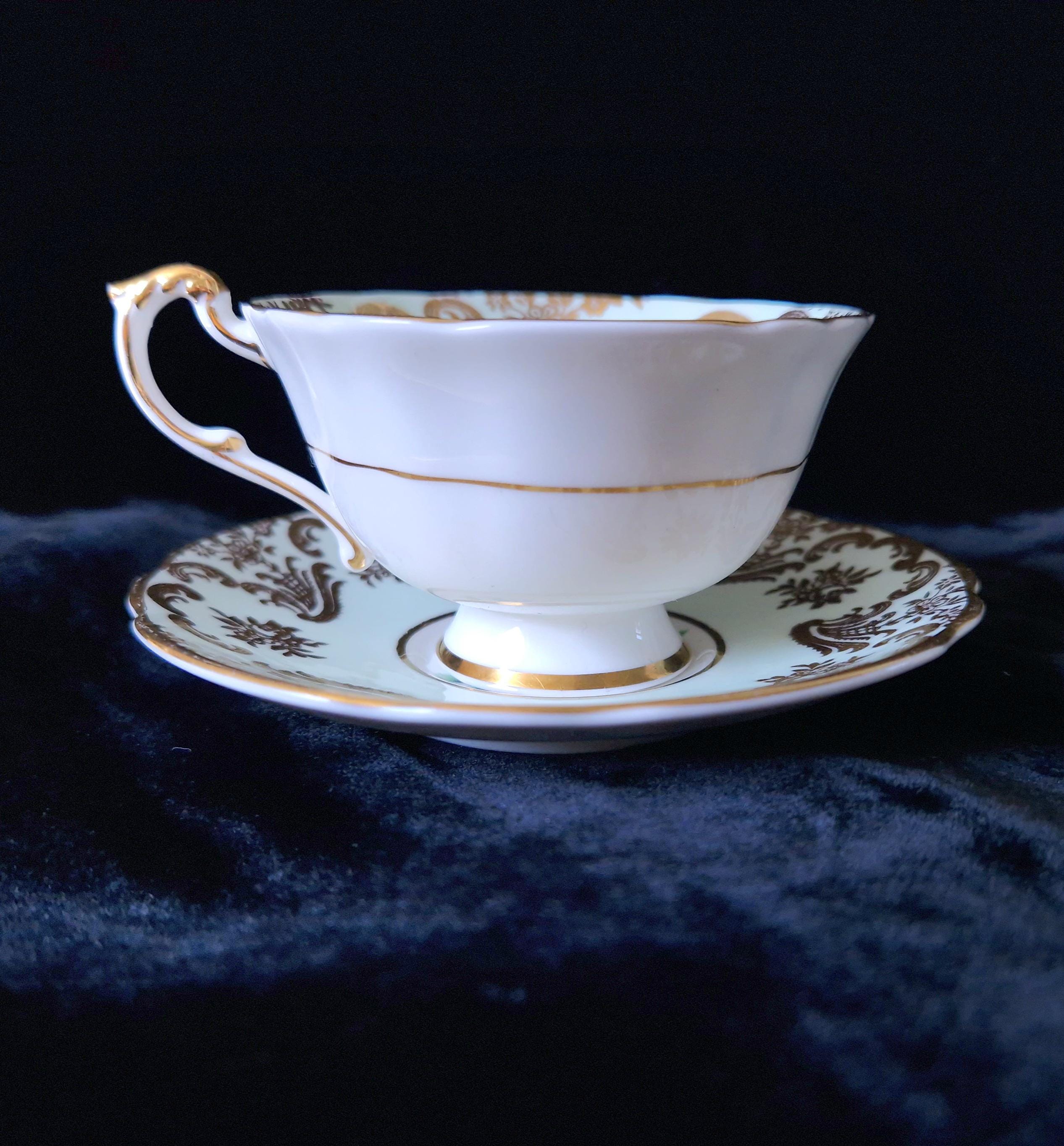 Paragon Mint Green Cabbage Rose Tea Cup & Saucer Set (4) Vintage Gold Gilt China