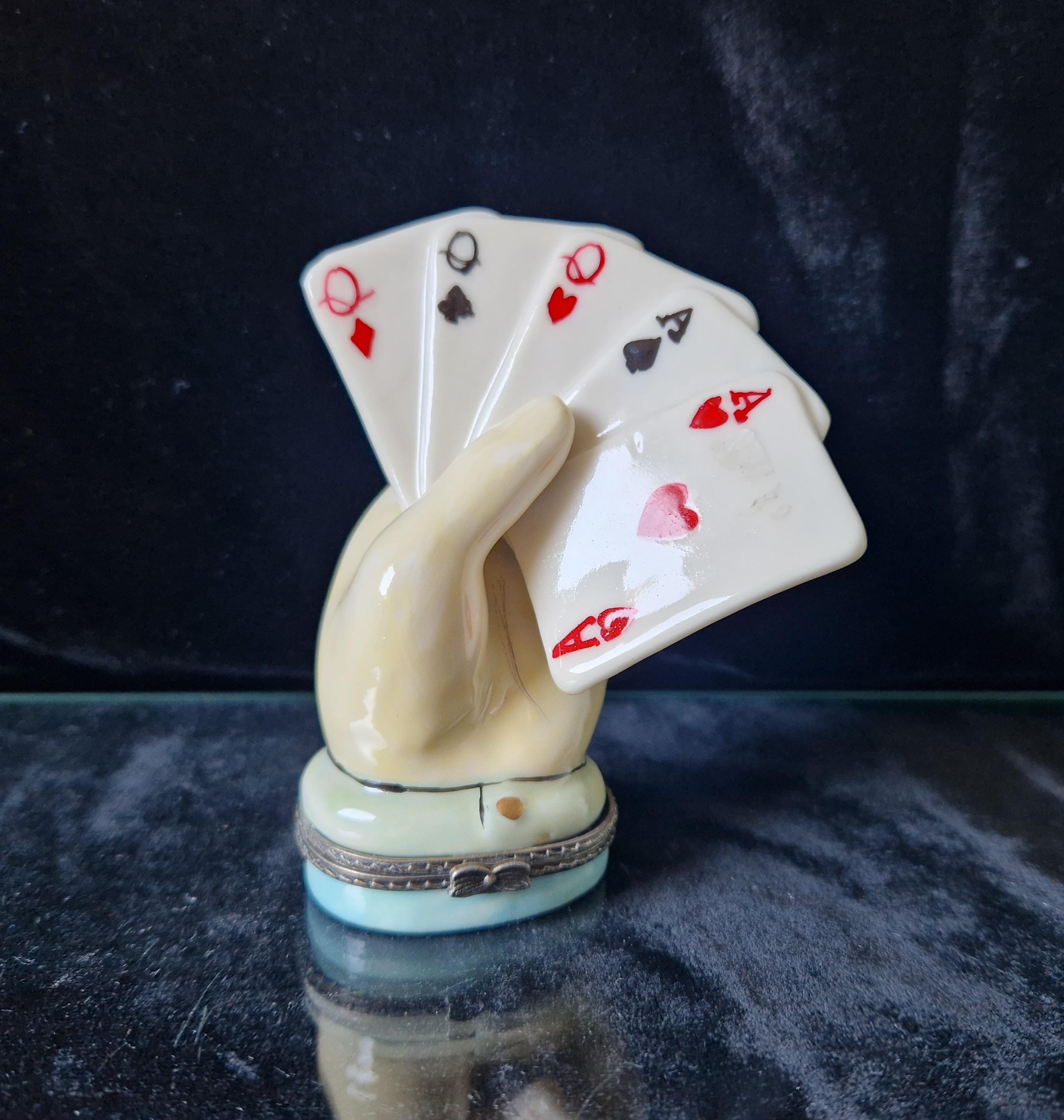 Vintage Rare Limoges Ceramic Poker Hand Full House Card Trinket Pill Box Casino