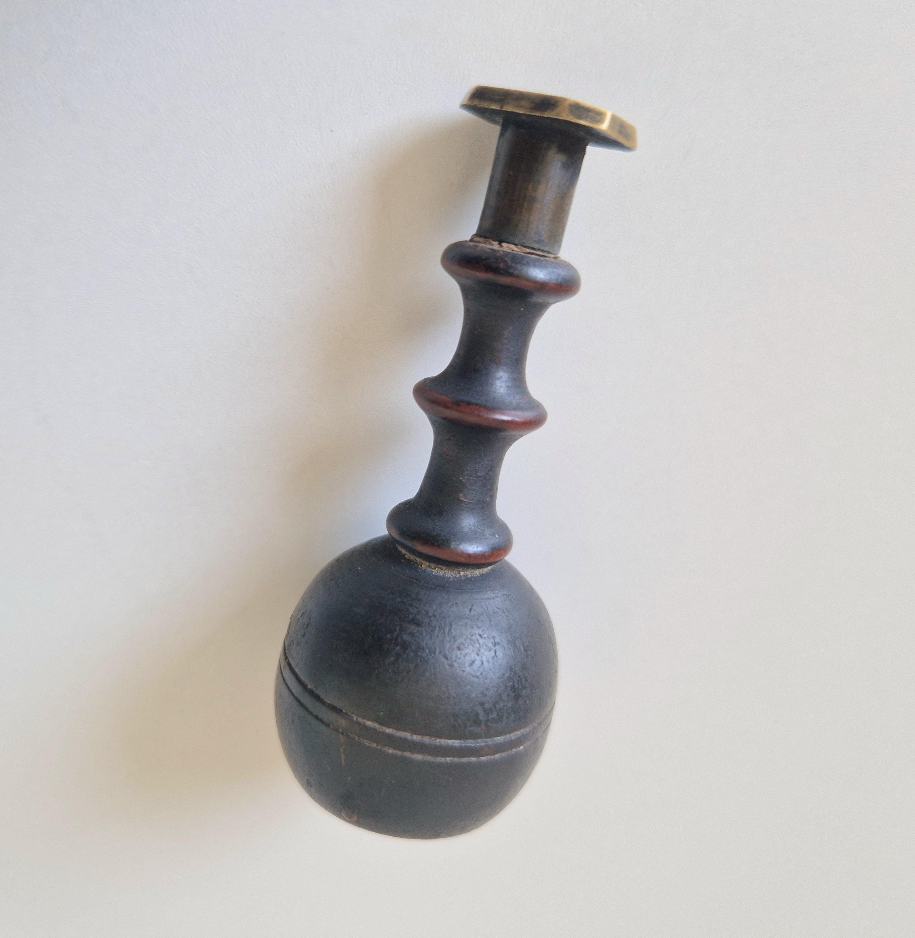 Antique Georgian Turned Fruitwood Treen & Brass Wax Seal Stamp Initials 'JWB'