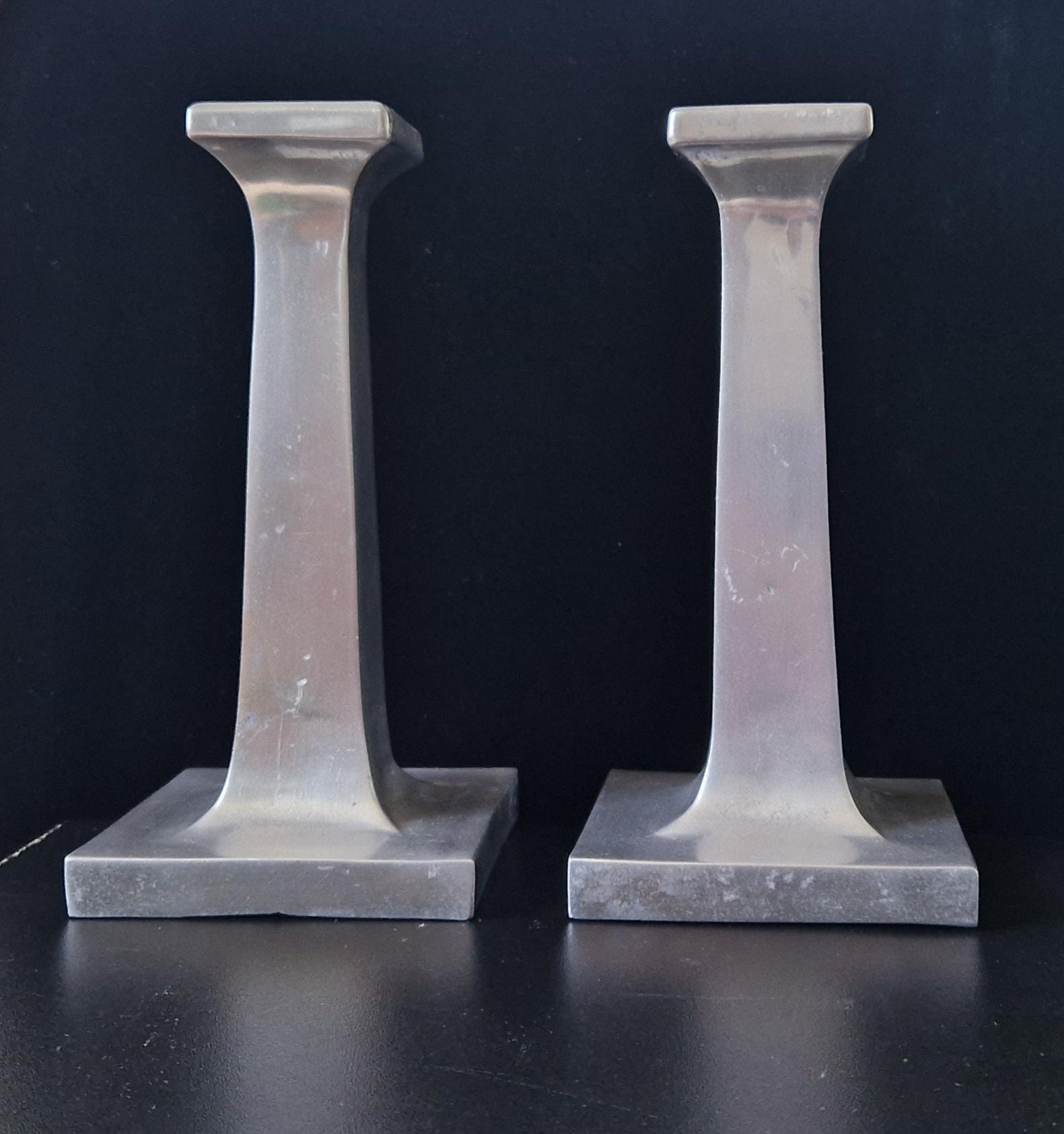 Pair of Solid Cast Aluminium Arts & Crafts Geometric Column Candlestick Holders
