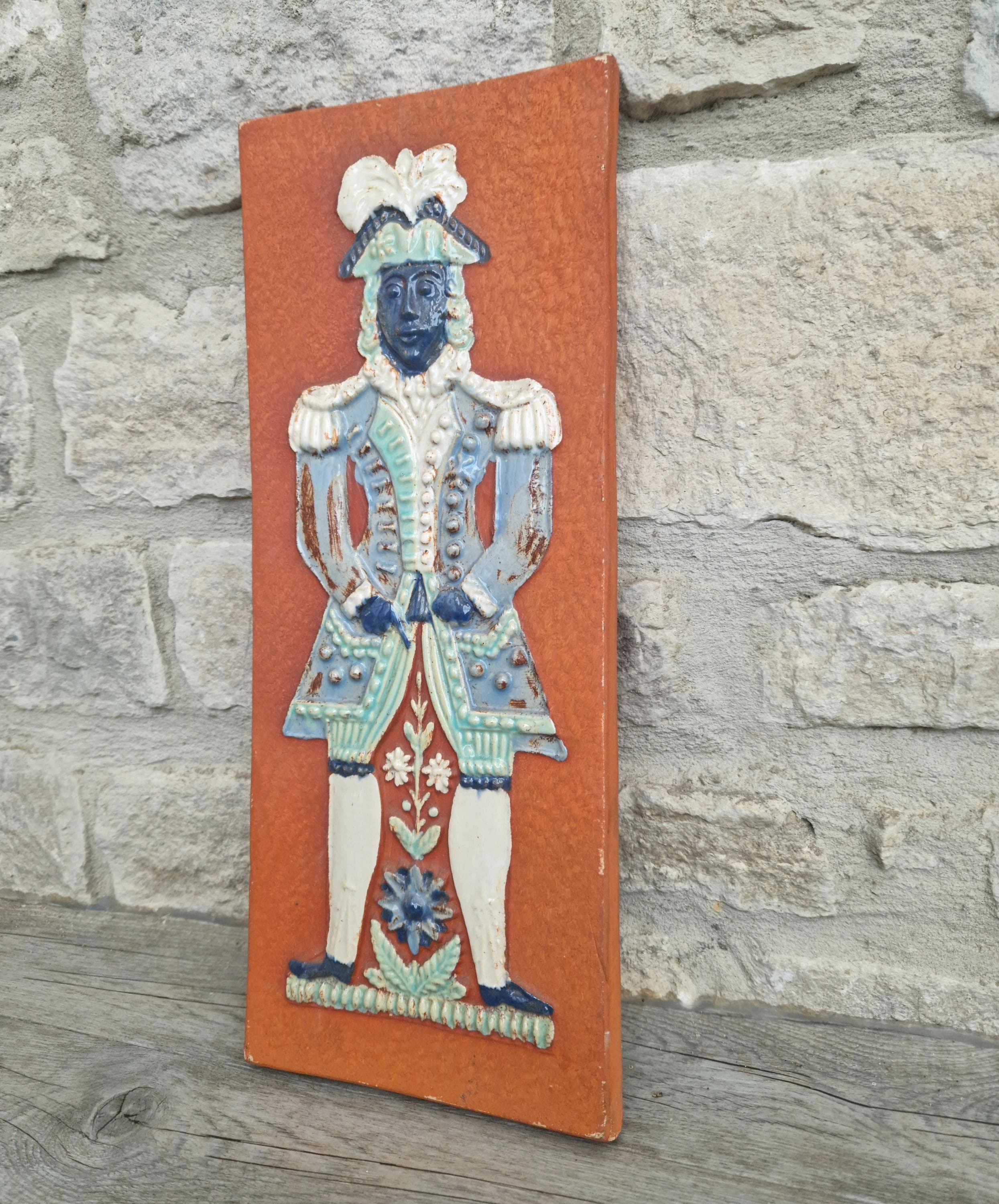 Mid-Century Art Wall Tile  Continental Figural Glazed Ceramic Large Plaque Vintage