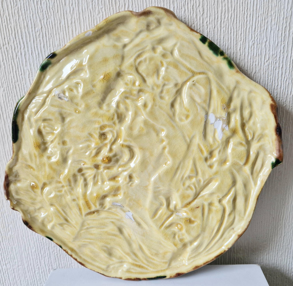 Antique Majolica Floral Yellow Dress Lady Handpainted Art Nouveau Ceramic Wall Plaque Roundel