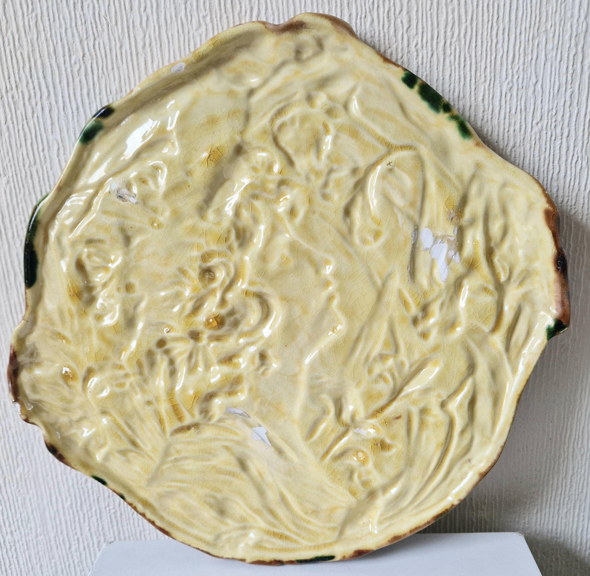 Antique Majolica Floral Yellow Dress Lady Handpainted Art Nouveau Ceramic Wall Plaque Roundel