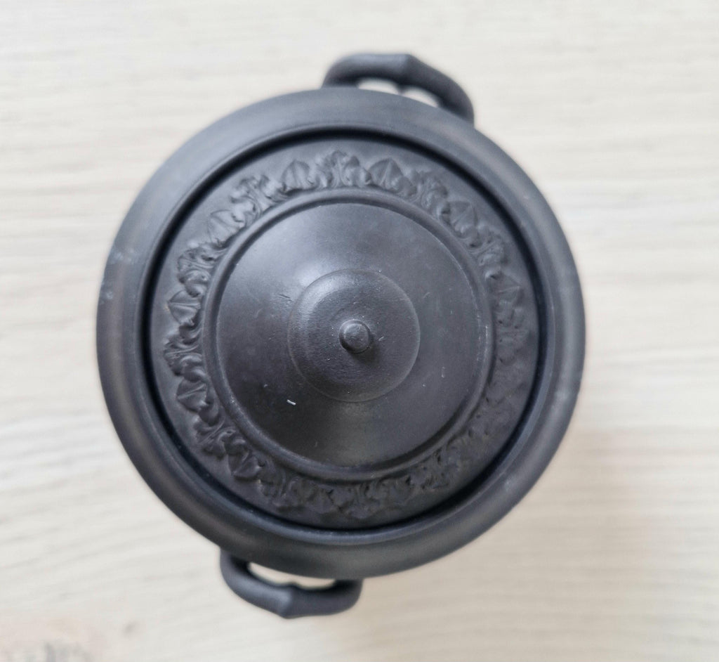 Vintage Black Basalt Wedgwood Neo-Classical Twin Handle Lidded Sugar Box