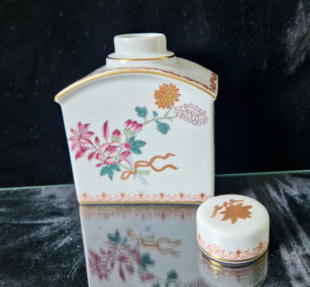 Vintage Vista Alegre Ceramic Tea Caddy Lidded Jar Floral Pattern With Gold Detail