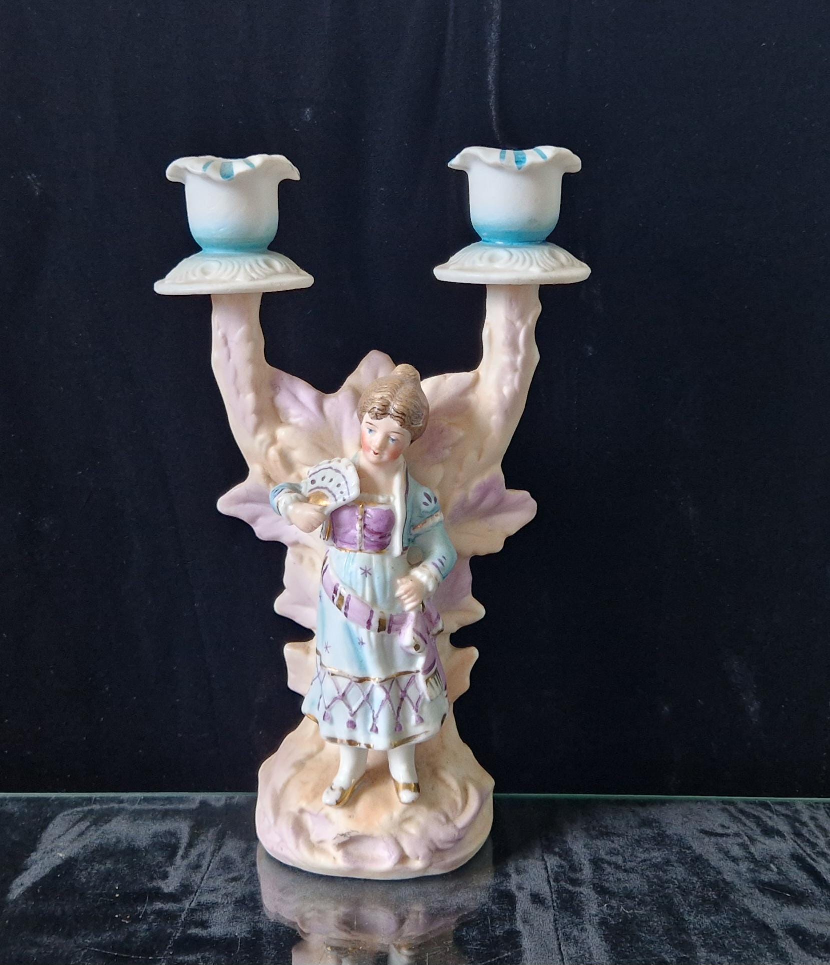 19th Century Continental Bisque Handpainted Fan Girl Figural 2 Candle Candelabra