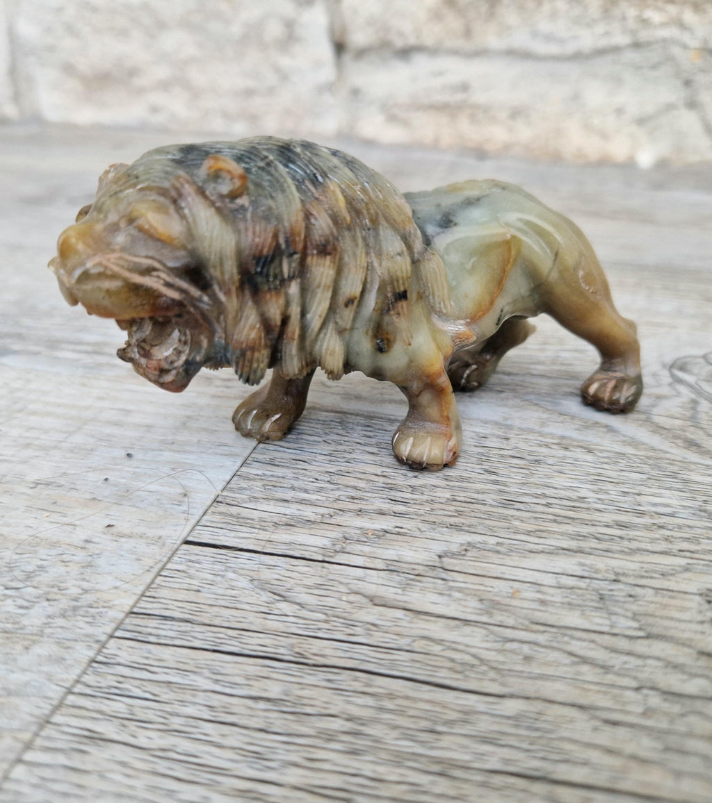 Vintage Fine Carved Jade Roaring Lion Sculpture Early 20th Century Ornament