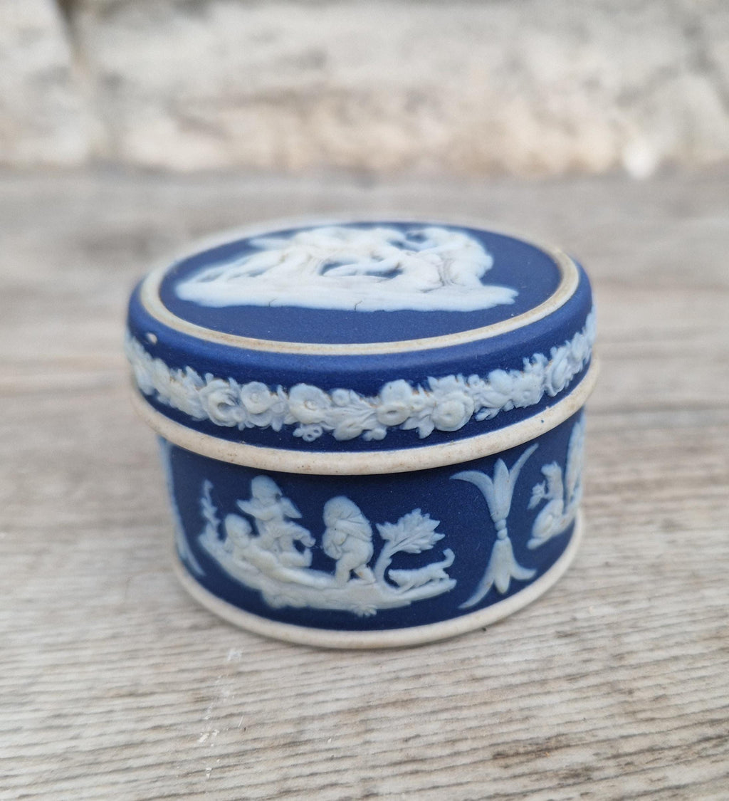2 x Antique Wedgwood Neoclassical Dark Blue Jasperware Rouge Pot Patch Pot