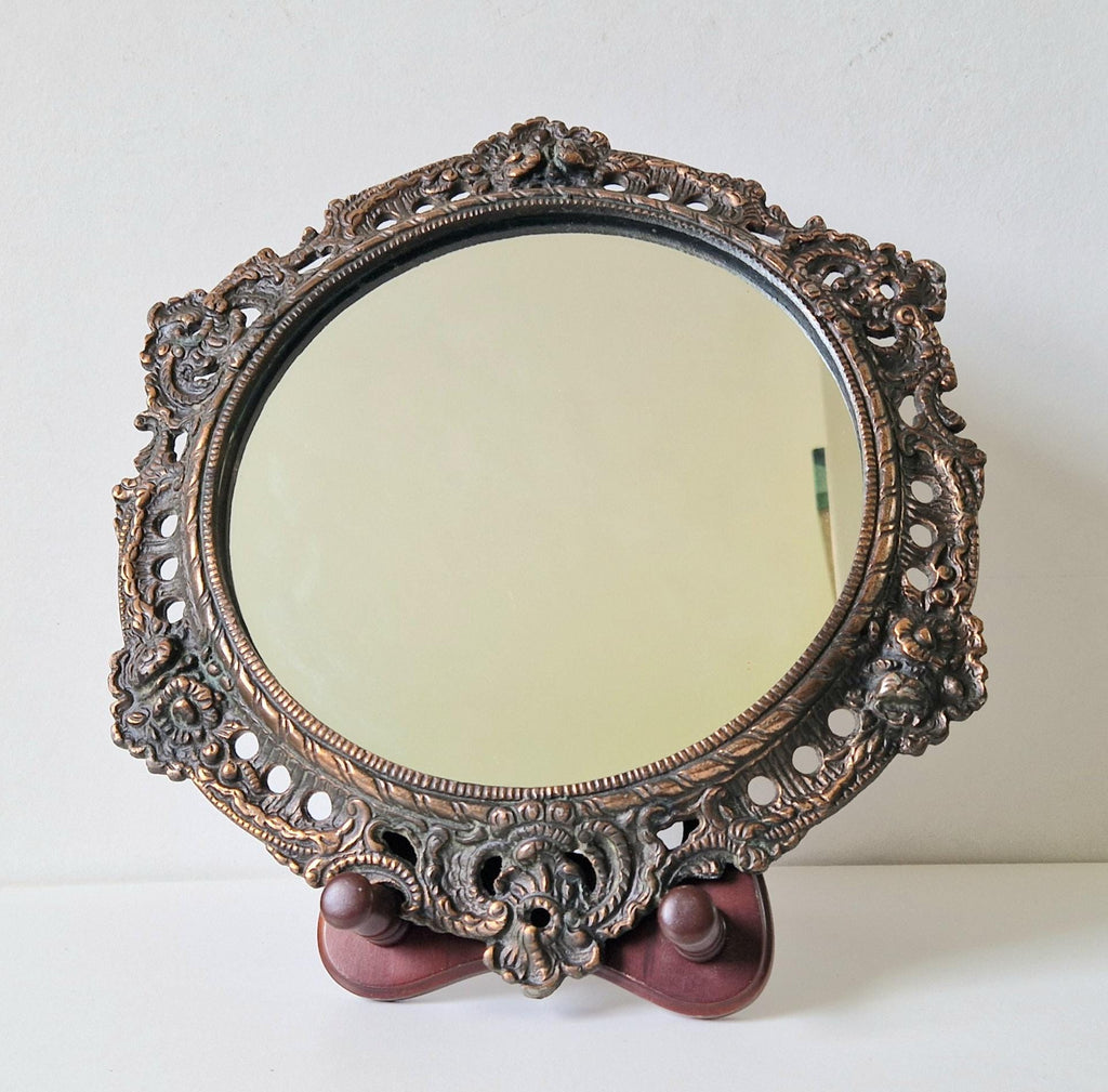 Antique Art Nouveau Heavy Cast Copper Metal Ornate Floral Rococo Round Wall Mirror 31cm