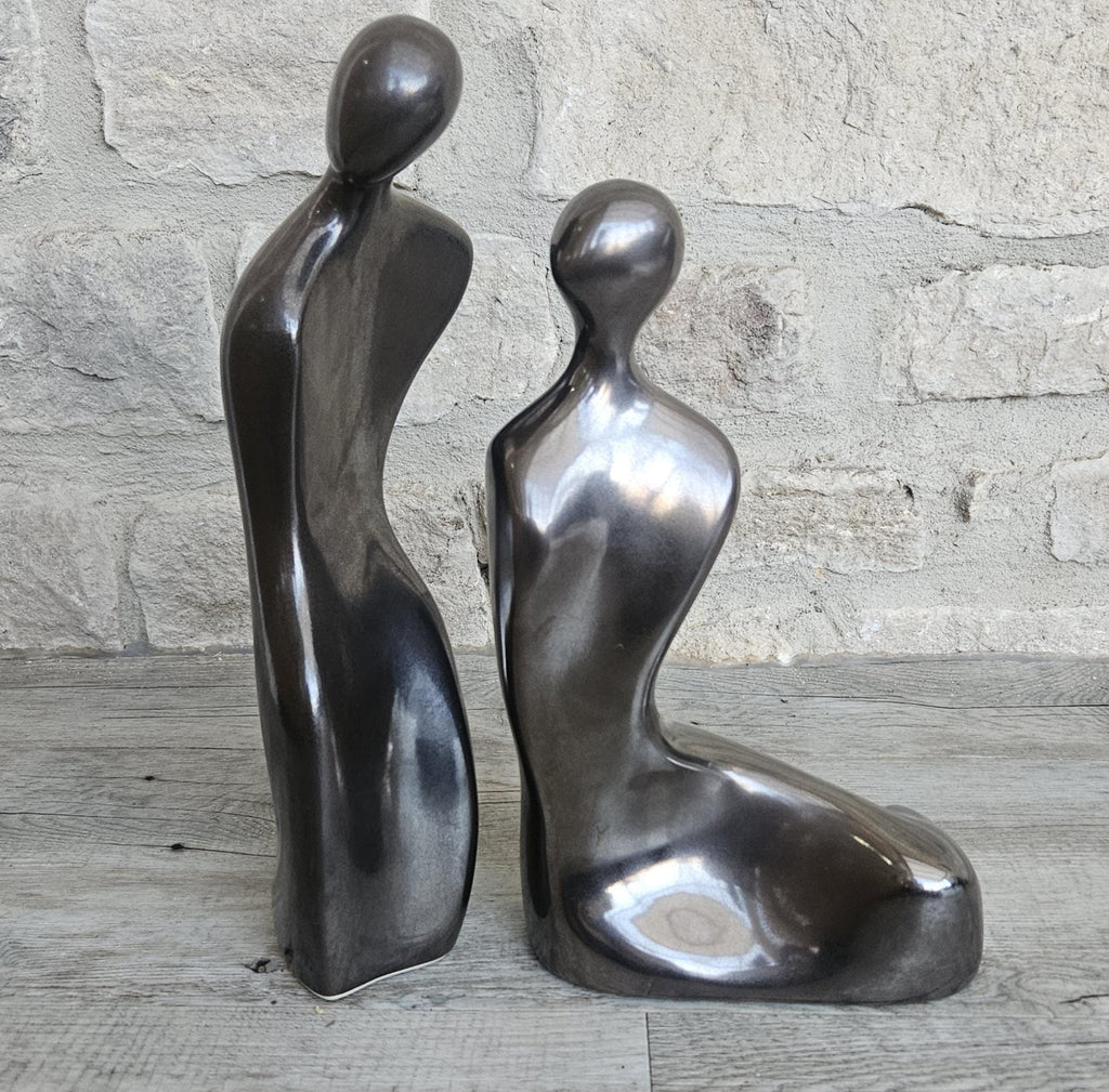 Vintage Tall Large Abstract Couple Figures Ceramic Metallic Finish 32 and 28cm Tall