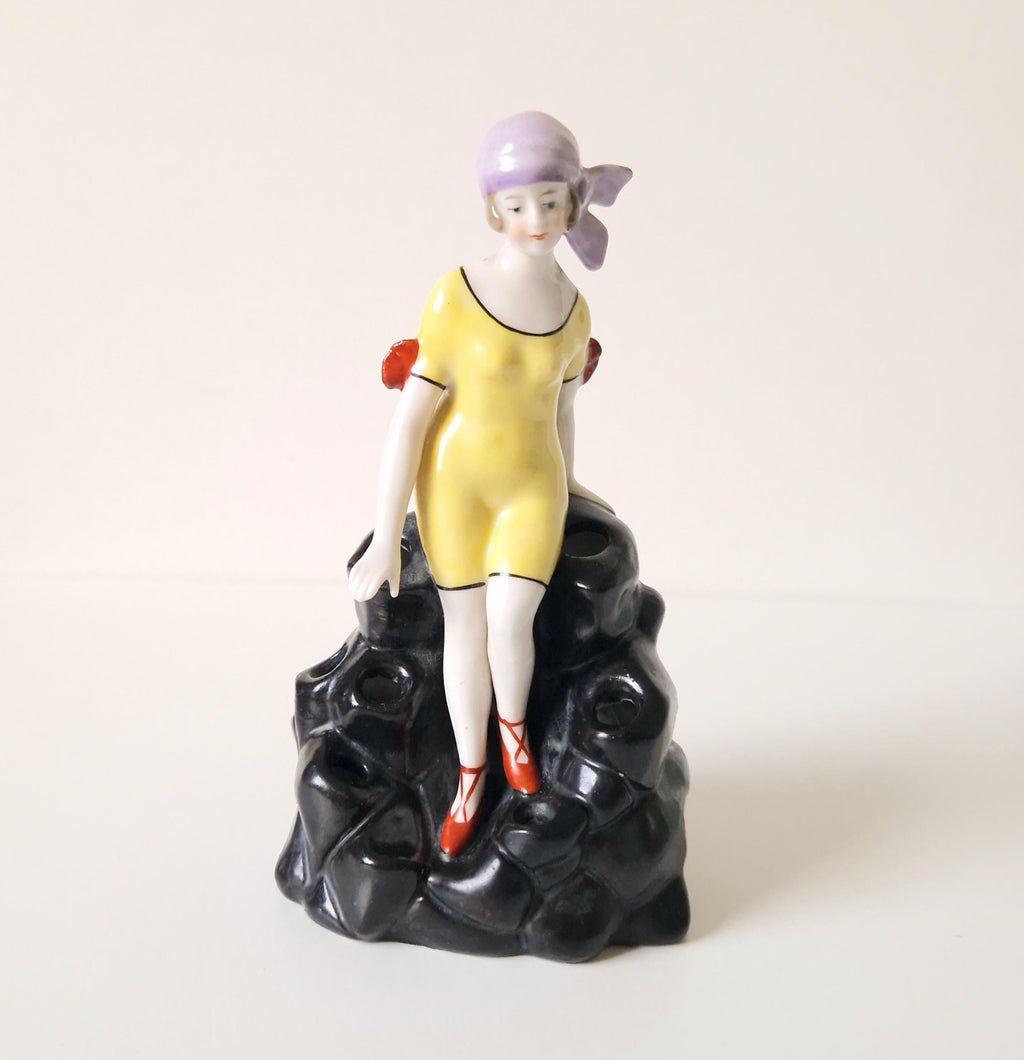 Art Deco Flapper Girl Ceramic Ornament: 1920s Bathing Beauty Hat Pin Holder