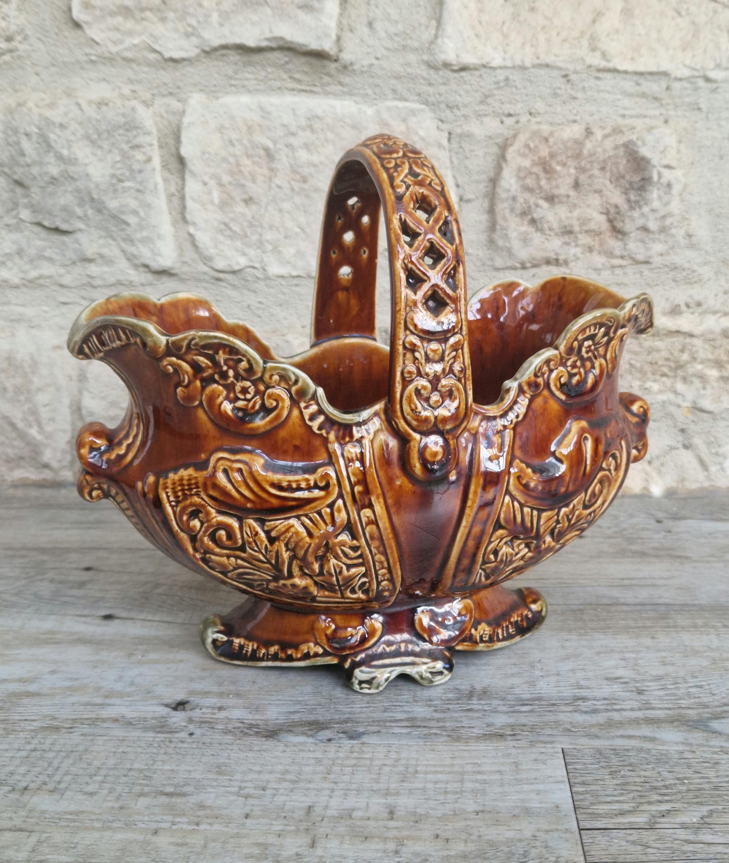 Antique Large Majolica Treacle Glaze Basket Planter Vase