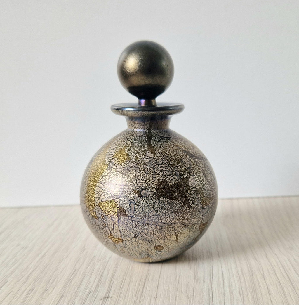 Isle of Wight Art Glass Perfume Bottle: Black Azurene Iridescent, Michael Harris 1970s England