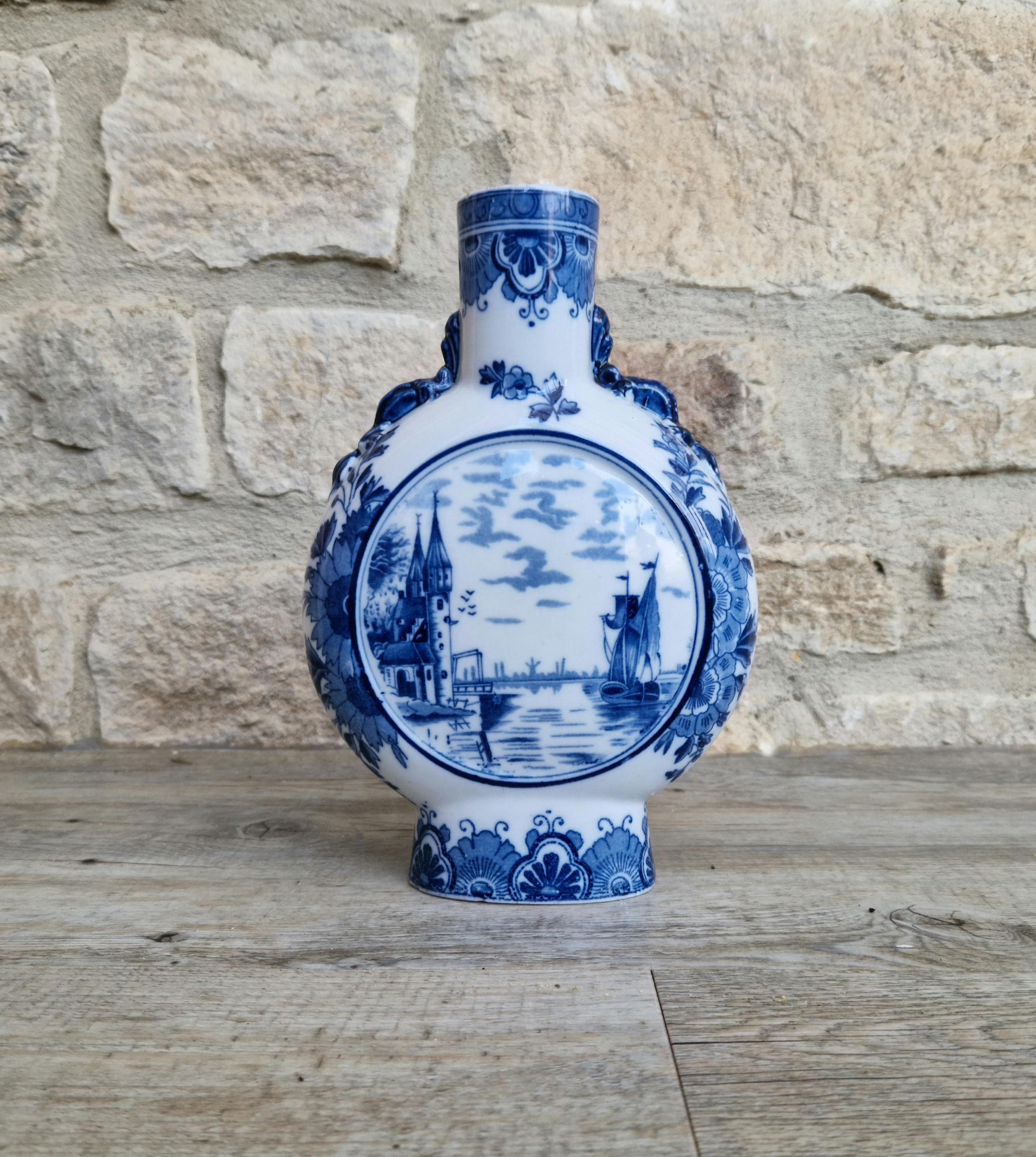 Vintage Dutch Delft Pottery Blue & White Moon Flask Vase River Scene 23cm