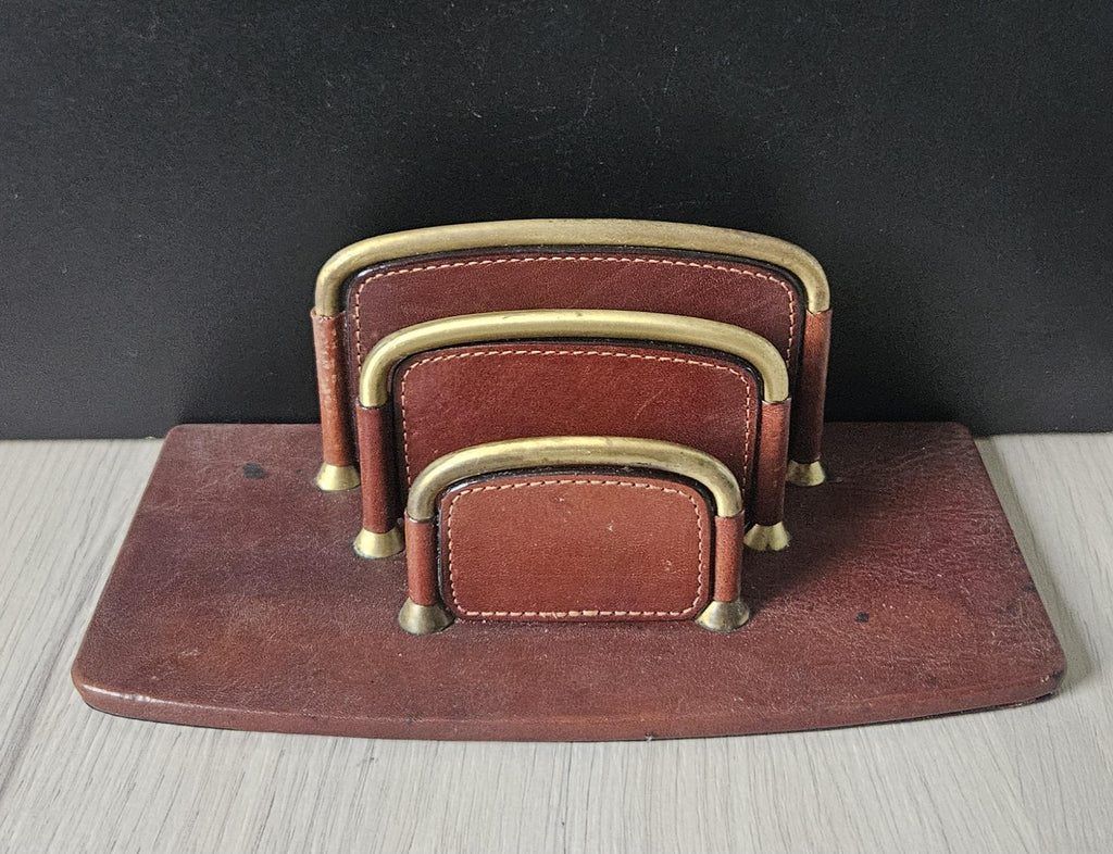 Vintage TONY PEROTTI Italian Leather Letter Rack Chestnut Brown Leather *Some Marks