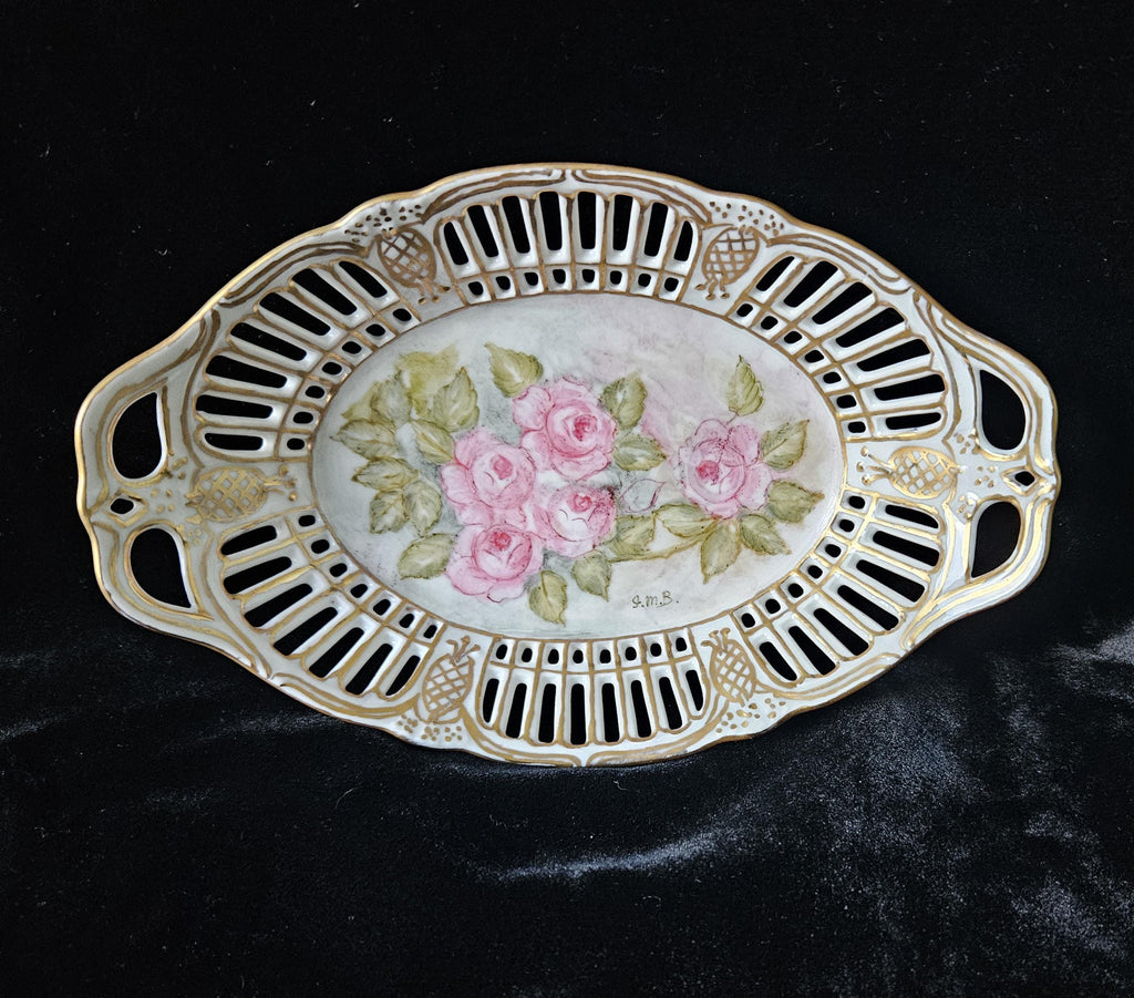 German Porcelain Lattice Dish Handpainted Roses Trinket Dish Vintage