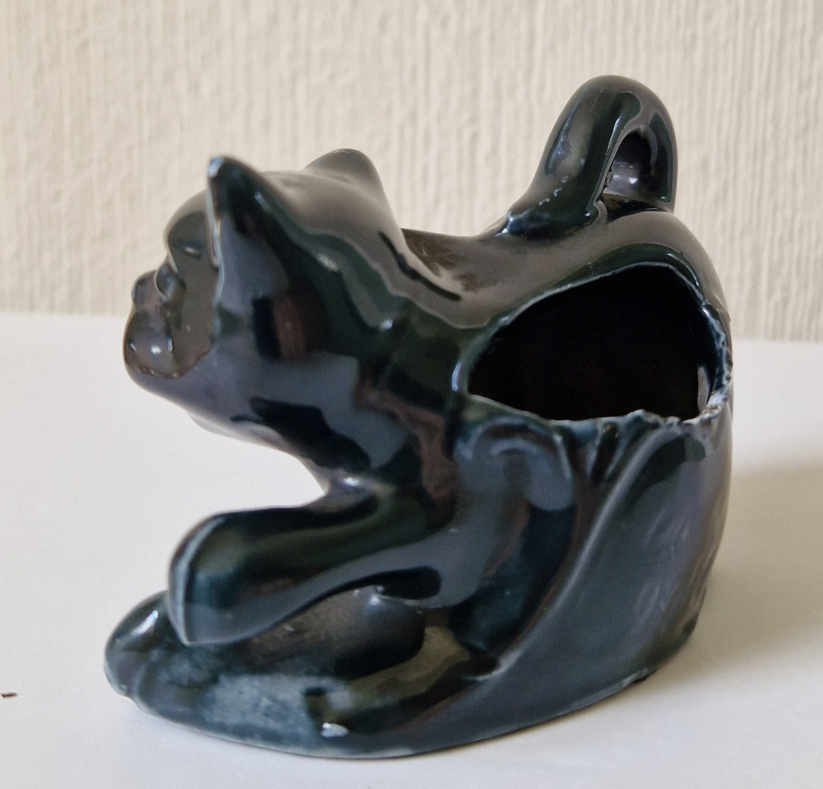 Rare Antique Glazed Pottery Dog Table Match Holder Strike Underglaze Inscription