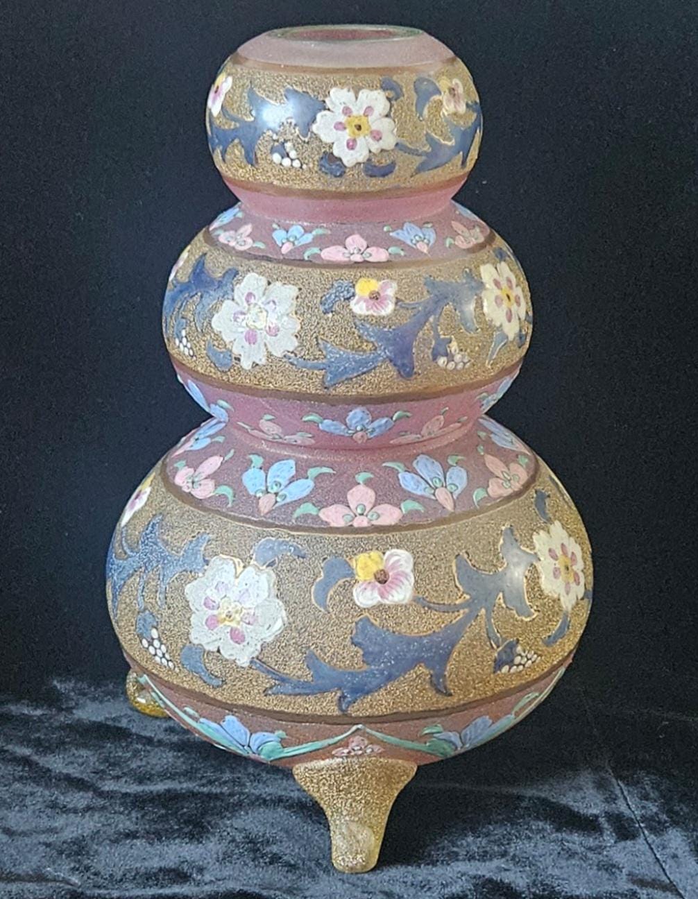 Antique Bohemian Glass Vase Pale Pink with Enamel Floral Design Flowers Rare 22cm Tall 1kg 35grams