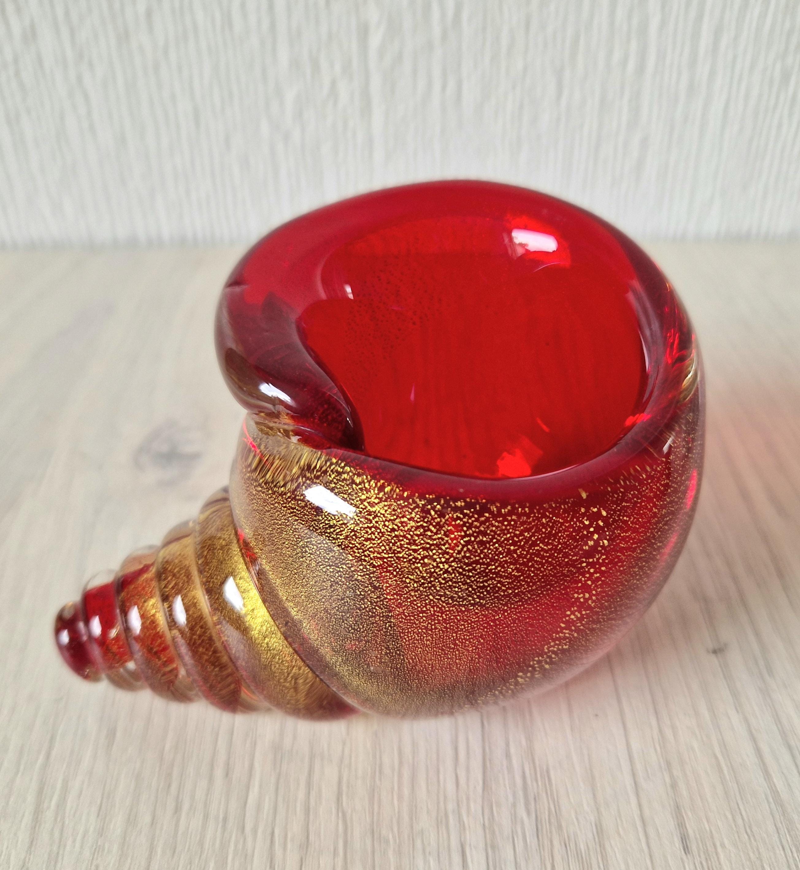 Vintage Archimede Seguso Red & Gold Flake Murano Art Glass Conch Shell Ornament 1950's