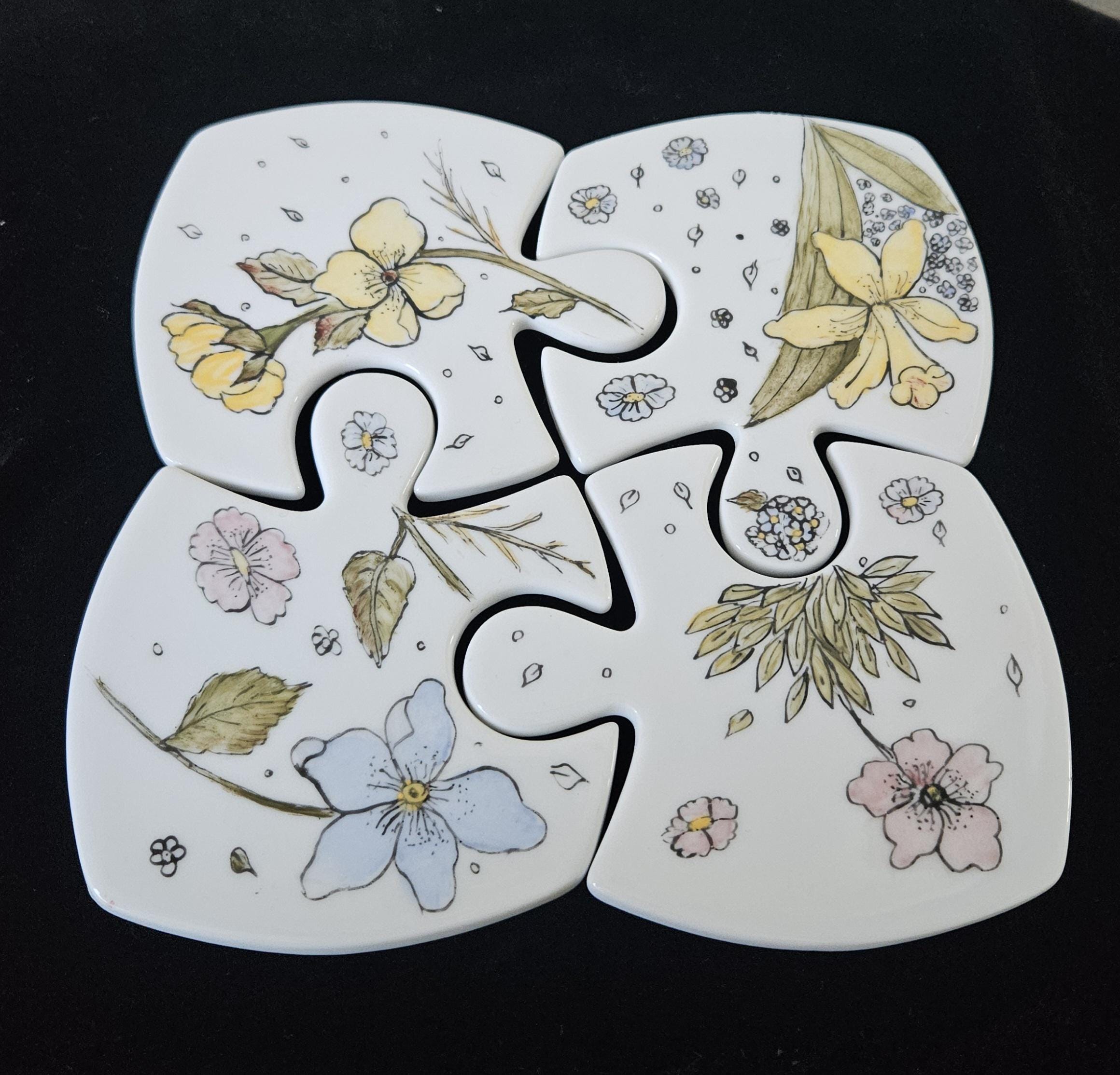 Vintage French Floral Ceramic Coasters: Jigsaw Puzzle Trivet