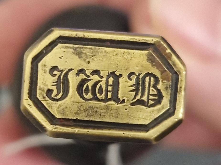 Antique Georgian Turned Fruitwood Treen & Brass Wax Seal Stamp Initials 'JWB'