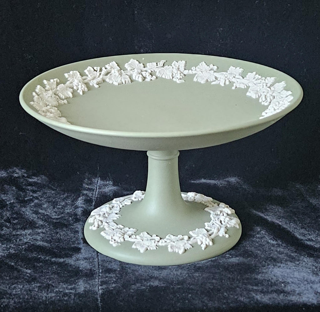 Vintage Wedgwood Sage Green Jasperware Pedestal Compote - Made in England