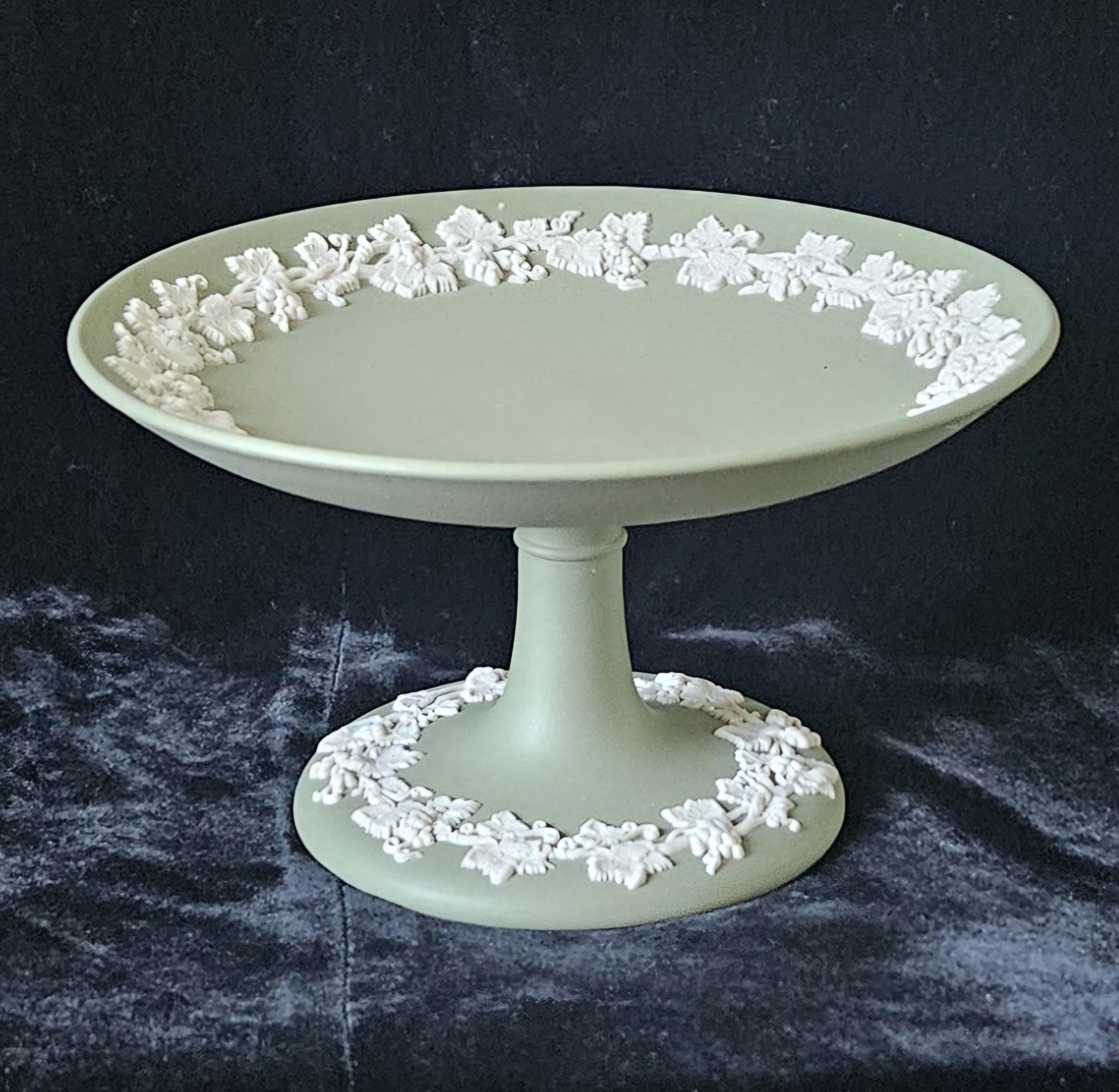 Vintage Wedgwood Sage Green Jasperware Pedestal Compote - Made in England