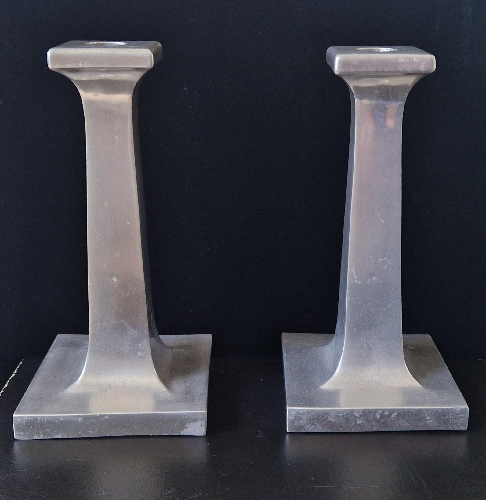 Pair of Solid Cast Aluminium Arts & Crafts Geometric Column Candlestick Holders